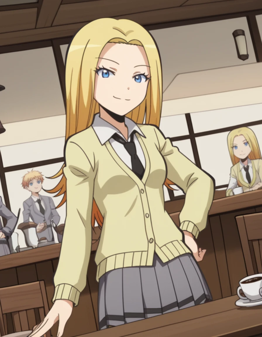 score_9, score_8_up, score_7_up, source_anime, <lora:rio-nakamura-s1s2-ponyxl-lora-nochekaiser:1>, rio nakamura, long hair, blue eyes, blonde hair, medium breasts, anime screencap,, cardigan, yellow cardigan, skirt, school uniform, pleated skirt, necktie, grey skirt, black necktie, white shirt, collared shirt, long sleeves,, cafe, coffee, table, chairs, casual, , smug, hand on own hip,, looking at viewer, solo,, dutch angle, cowboy shot