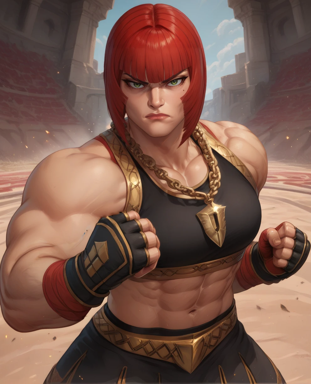 score_9,score_8_up,score_7_up,score_6_up,score_5_up,score_4_up,
marisarxl,blunt bangs,green eyes,mole under eye,muscular,short hair,
fingerless gloves,black sports bra with gold trim,gold necklace,
serious,standing,fighting stance,clenched hands,midriff,
ooking at viewer,
arena,outdoors,
<lora:MarisaRxl>,