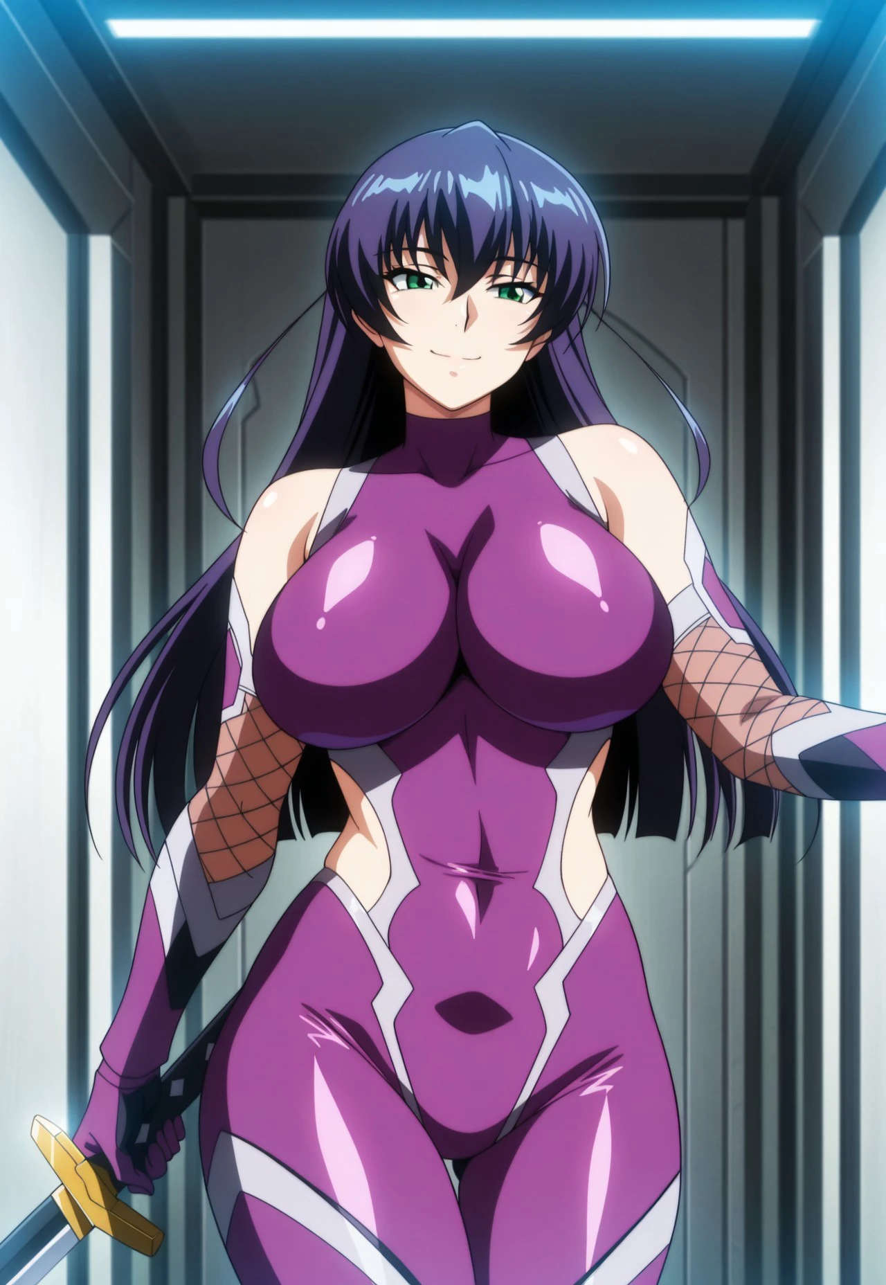 safe_pos, asagi, long hair,large breasts,green eyes, bodysuit, purple bodysuit, impossible clothes, fishnets, gloves, high heels, bangs, bare shoulders, sword, holding sword, cowboy shot, upper body, happy, smile, indoors, grey walls,


masterpiece,best quality,amazing quality,anime coloring,