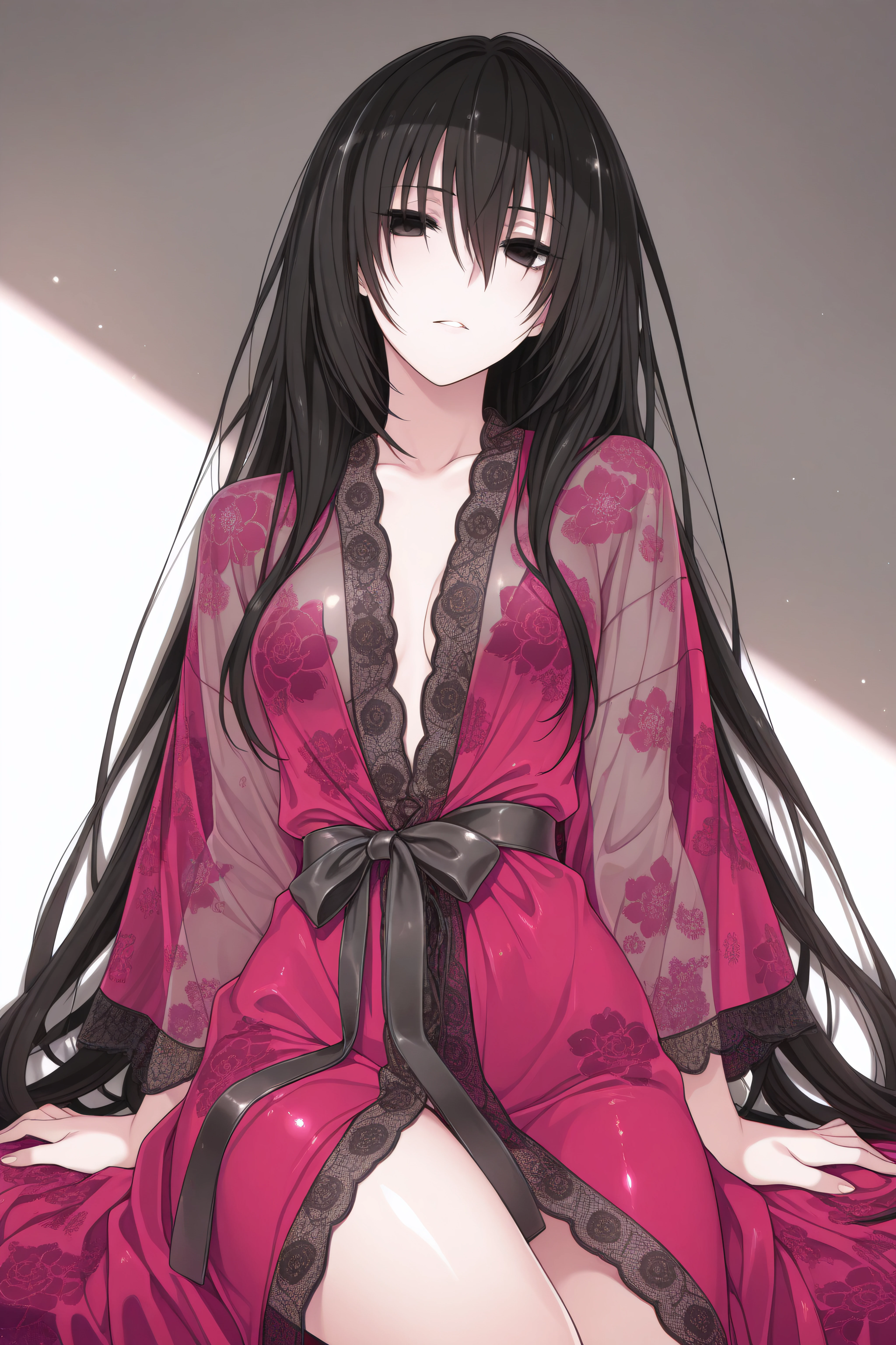 masterpiece, best quality, <lora:Kirukiru Amou-Illustrious-lora-Faxtron:1> kirukiru amou, black eyes, black hair, long hair,  <lora:Floral mesh Robe see-through:1> floral mesh robe, long sleeves, see-through, satin bow belt,