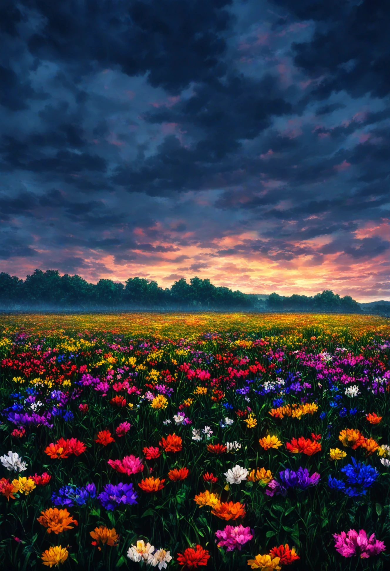 no humans, scenery, dark, cloudy sky, orange flower, sky, cloud, flower, pink flower, blue flower, red flower, white flower, purple flower, yellow flower, nature, field