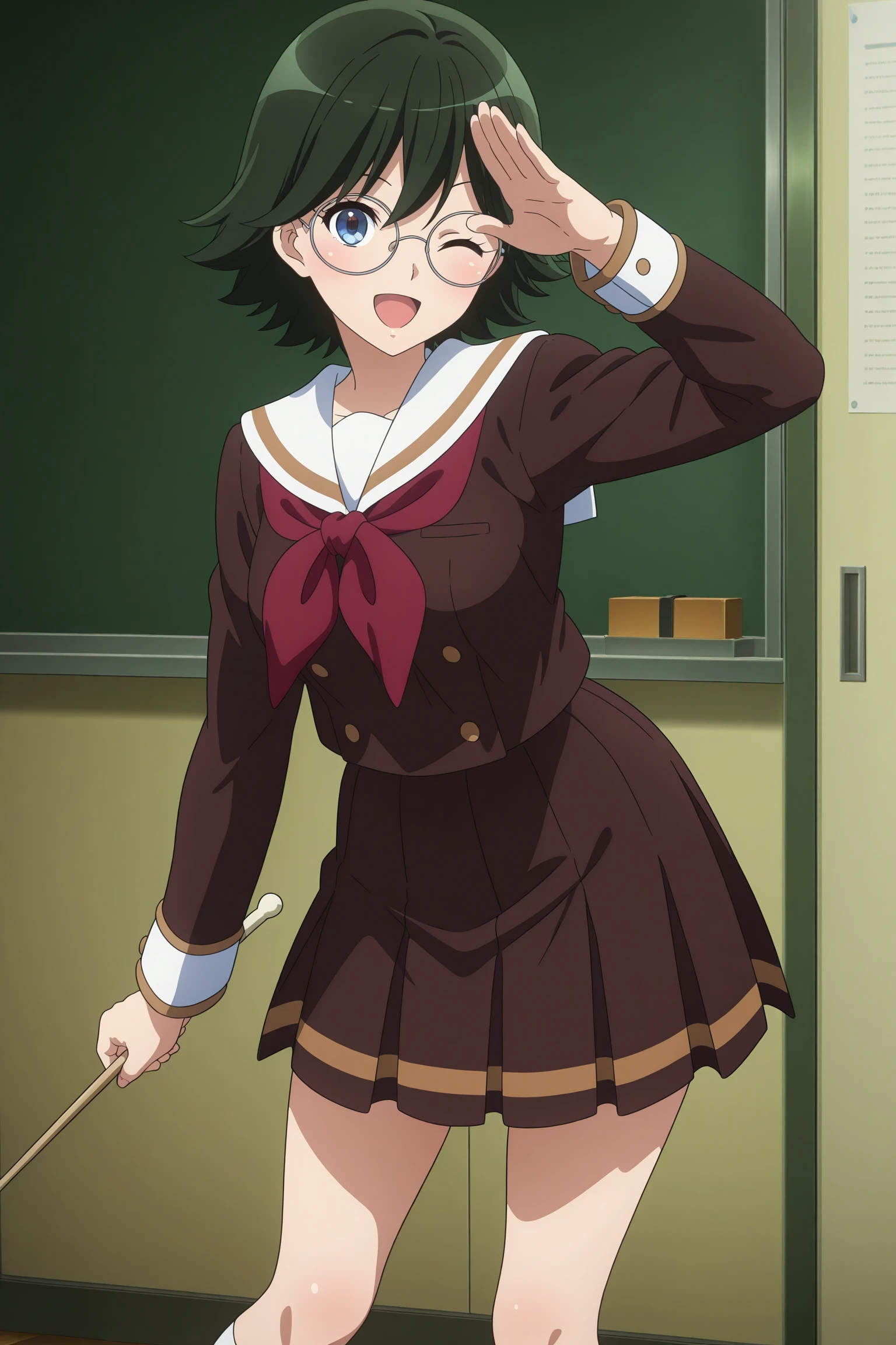 masterpiece, best quality, amazing quality, highres, absurdres, very aesthetic, high resolution, ultra detailed, perfect details, 1girl, solo, indoors, classroom, medium breasts, kamaya tsubame, short hair, green hair, wispy bangs, blue eyes, round eyewear, serafuku, brown serafuku, white sailor collar, red neckerchief, long sleeves, brown skirt, pleated skirt, white kneehighs, loafers, <lora:Tsubame_Kamaya_ILXL:0.8>, (aged up:1.2), (feet out of frame:1.1), looking at viewer, smile, anime coloring, anime screencap, (pose:1.5), open mouth, wink, holding drumstick