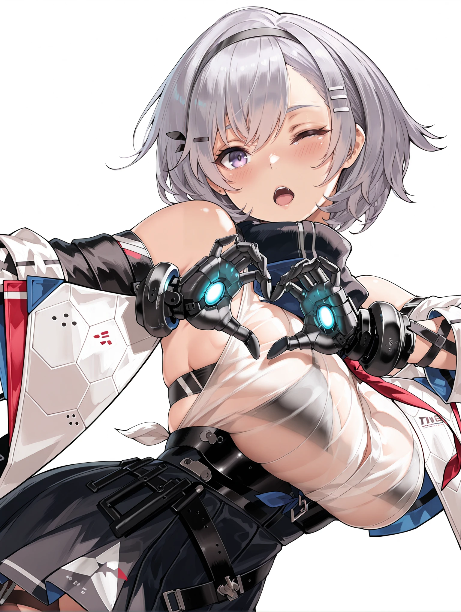 masterpiece,best quality,amazing quality,
solo,1girl,
<lora:Reno_ilxl_v1.4:1>,reno,grey hair,purple eyes,hairband,hairclip,hair ornament,r_clothes,gauntlet,red tie,bare shoulders,black bra,detached sleeves,black skirt,thigh strap,skindentation,
<lora:Fixhands_anime_bdsqlsz_V1:1>,cinematic_angle,dynamic_angle,white_background,simple_background,face_focus,looking_at_viewer,light_blush,sparkle,portrait,one eye closed,heart hands,cowboy_shot,arched_back,open mouth,