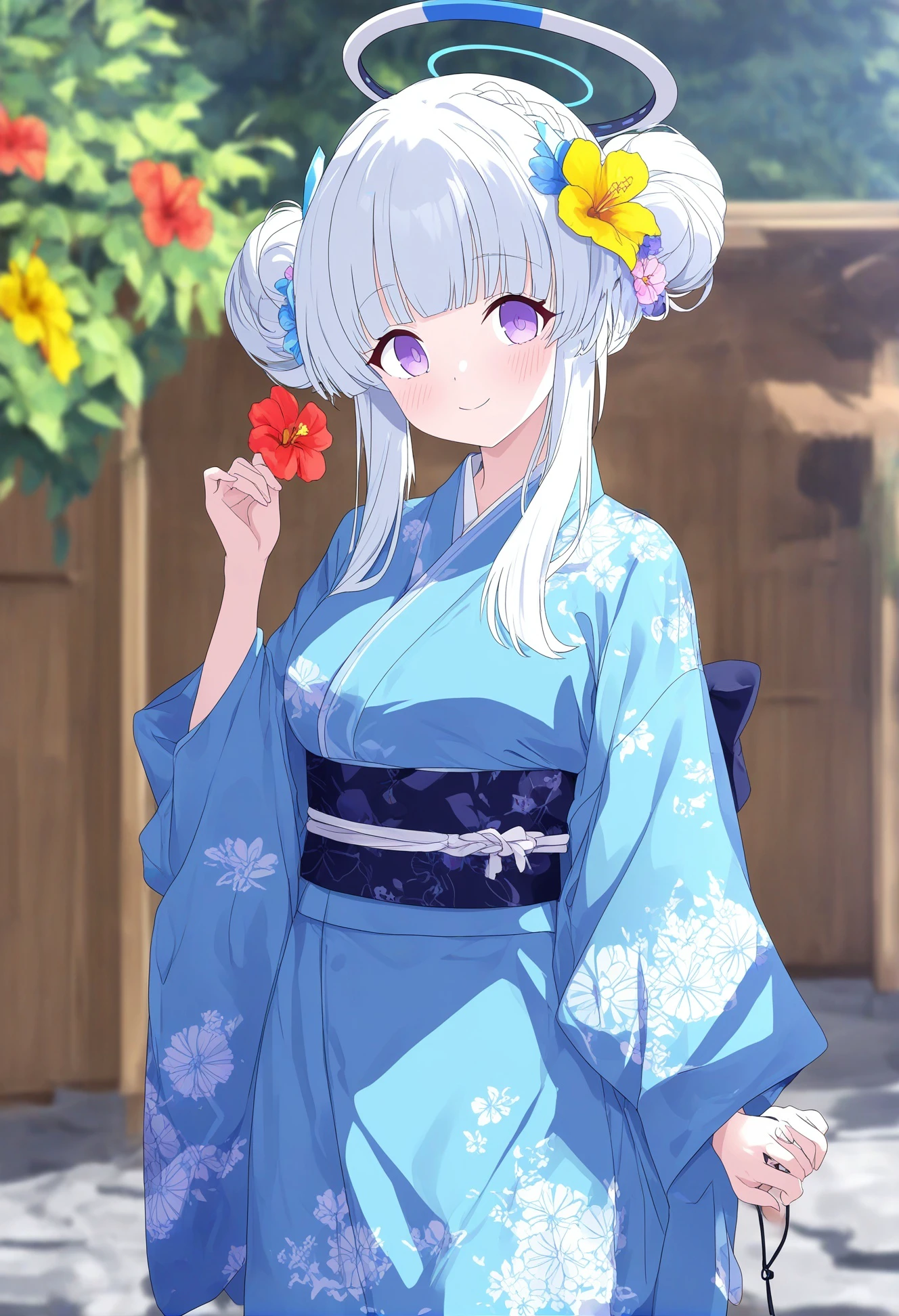 1girl, noa \(blue archive\), general, alternate costume, outdoors, alternate hairstyle, headgear, cowboy shot, short hair, white hair, mechanical halo, sidelocks, smile, double bun, hair ornament, hair bun, closed mouth, sash, hair flower, floral print kimono, blunt bangs, floral print, braid, wide sleeves, day, kimono, standing, french braid, hand up, purple eyes, alternate hair length, japanese clothes, obi, halo, flower, blue kimono, solo, long sleeves, print kimono, looking at viewer, blush, hibiscus, holding, yellow flower