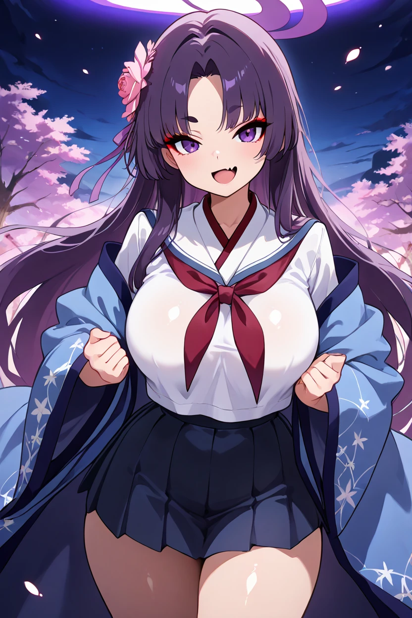 masterpiece, best quality, solo, curvy, beautiful eyes, zzYukari, long hair, purple hair, halo, purple halo, hair ornament, hair flower, purple eyes, eyeshadow, red eyeshadow, fang, skin fang, large breasts, haori, pink flower, red neckerchief, serafuku, solo, makeup, pleated skirt, white sailor collar, long sleeves, wide sleeves, blue skirt, black skirt ,<lora:YukariBluearchiveIXL:1.0>,dynamic pose, cowboy shot, smile, looking at viewer, shiny skin,