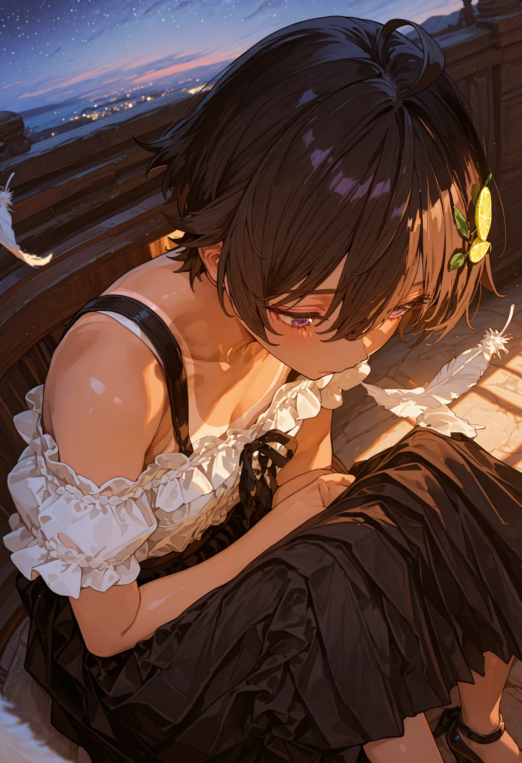 perfect quality,high quality,masterpiece,absolutely eye-catching,ambient occlusion,raytracing,very aesthetic,from_above,portrait,looking_down,
1girl,dark-skinned female,purple eyes,hair between eyes,short hair,black hair,brown hair,lemon hair ornament,food-themed hair ornament,ahoge,small breasts,tanlines,bangs,hairclip,yakishioremon cyql,
Thoughtful gaze,knees_to_chest,flat_chest_grab,
Off-the-shoulder frilled shirt tucked into a metallic pleated long skirt with ankle strap heels,
sunlight,extremely light,extremely clothes,Holy Light,dynamic angle,Light particle,starry sky,dusk sky,Floating light spot,Lots of feathers,
Cinematic Lighting,rim light,Volumetric Lighting,available light,depth of field,
748cmstyle,<lora:spo_sdxl_10ep_4k-data_lora_webui:0.6>,<lora:illustrious_all_rated_v1:0.6>,<lora:748cmSDXL:1>,<lora:Yakishio Remon_Illustrious by Cyql:0.8>,<lora:illustrious_quality_modifiers_masterpieces_v1:1>,