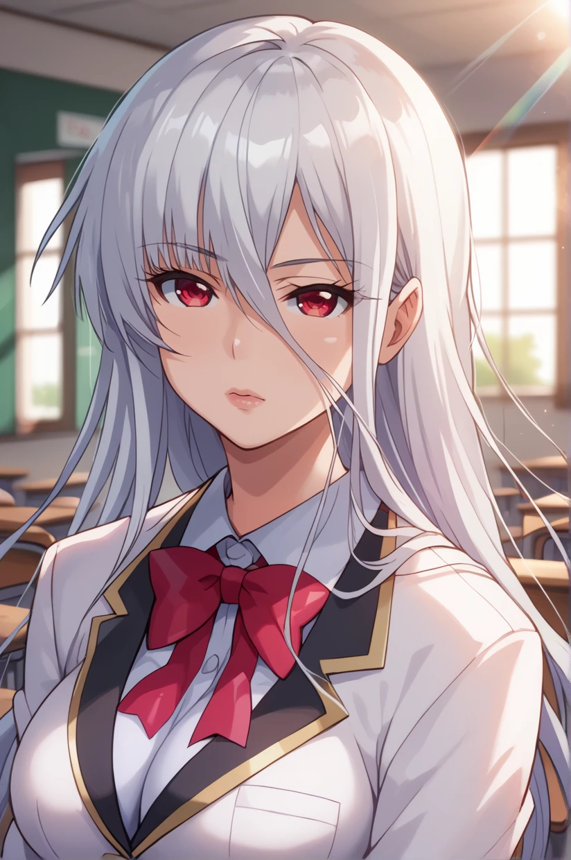 <lora:MiyakoRuriko-09:1> MiyakoRuriko, MRUniform, very long hair, white hair, red eyes, lips, large breasts, pleated skirt, blazer, school uniform, long sleeves, miniskirt, red bow, buttons, brown pantyhose, white skirt, red bowtie, white jacket, shirt, uniform, key light, lens flare, rim lightning, classroom, indoors, expressionless,, 8k, masterpiece, absurdes, highly detailed, highres, high quality, best quality, score_9, score_8_up, score_7_up, score_6_up, shiny, shiny skin, shiny hair, looking at viewer, portrait, upper body, close-up, bust, solo, solo focus, depth of field, backlighting, eye reflection,