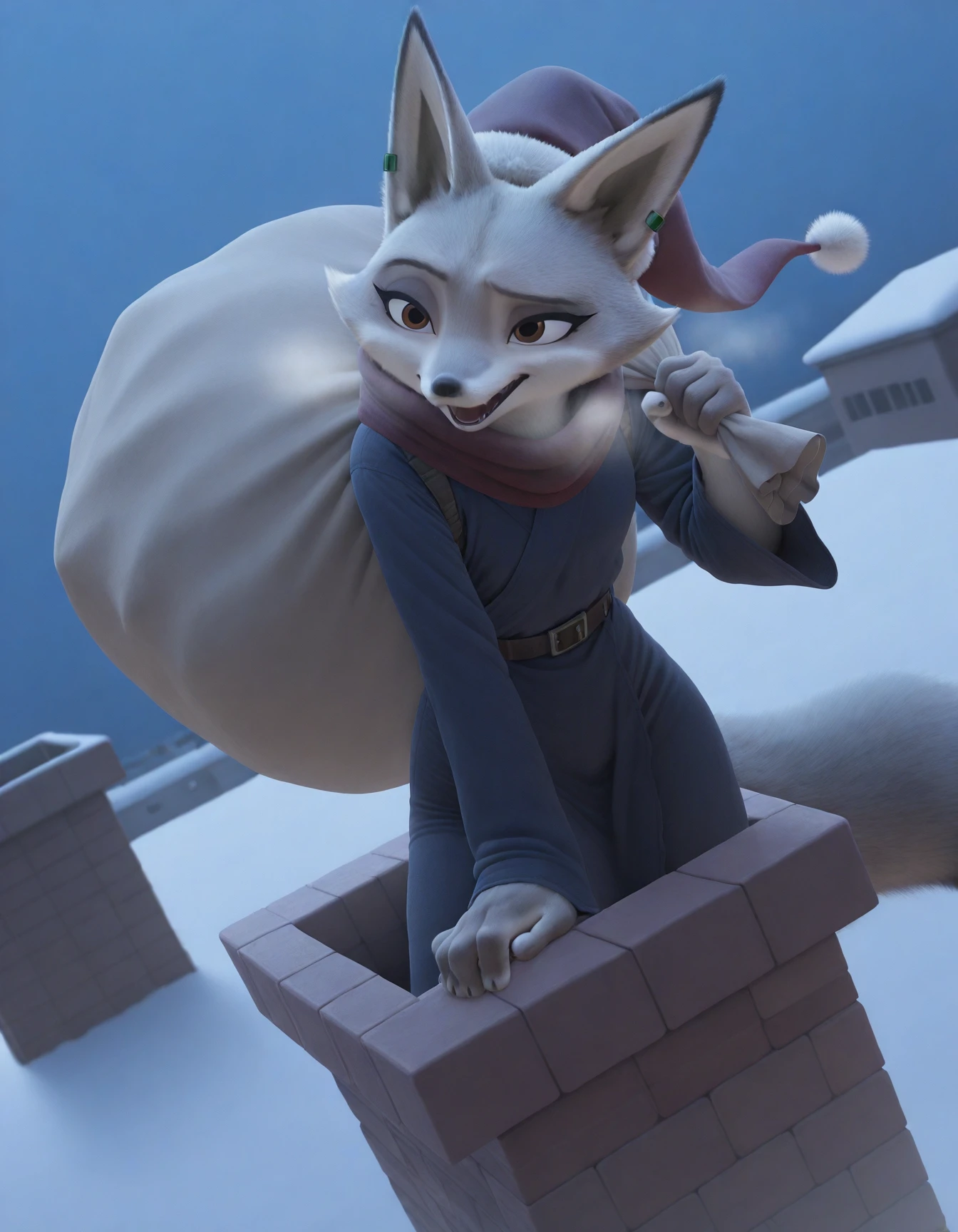 Zhen, solo, girl, fox, brown eyes, jade piercing on the left ear, ears, gray fur, furry, blue robe,  newest, absurdres, CG, illustration, santa hat,pom pom (clothes), chimney,rooftop, snowing, sack, <lora:chimney_Illust_v1:0.8> sweatdrop, night , stuck, holding sack, breath, dutch angle, feet out of frame, looking ahead, disdain, red-light district, open mouth
 <lora:Zhen_illustriousXL:0.8>