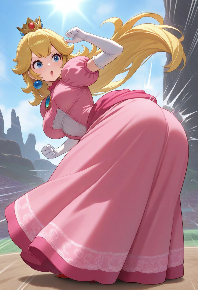 best quality, masterpiece, amazing quality, very aesthetic, absurdres, 
1girl, solo, action pose, fighting, 
peachbomber, aimedsideways, 
princess peach, 
action lines, 
abstract background