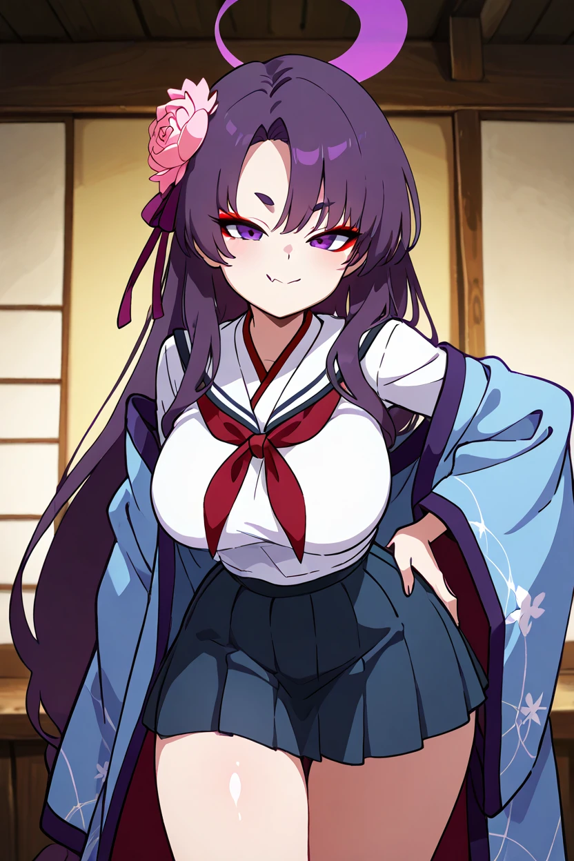 masterpiece, best quality, solo, curvy, beautiful eyes, zzYukari, long hair, purple hair, halo, purple halo, hair ornament, hair flower, purple eyes, eyeshadow, red eyeshadow, fang, skin fang, large breasts, haori, pink flower, red neckerchief, serafuku, solo, makeup, pleated skirt, white sailor collar, long sleeves, wide sleeves, blue skirt, black skirt ,<lora:YukariBluearchiveIXL:1.0>,cowboy shot, hand on hip, smug, smile, looking at viewer, shiny skin,<lora:DiivesIXL:1.0>,