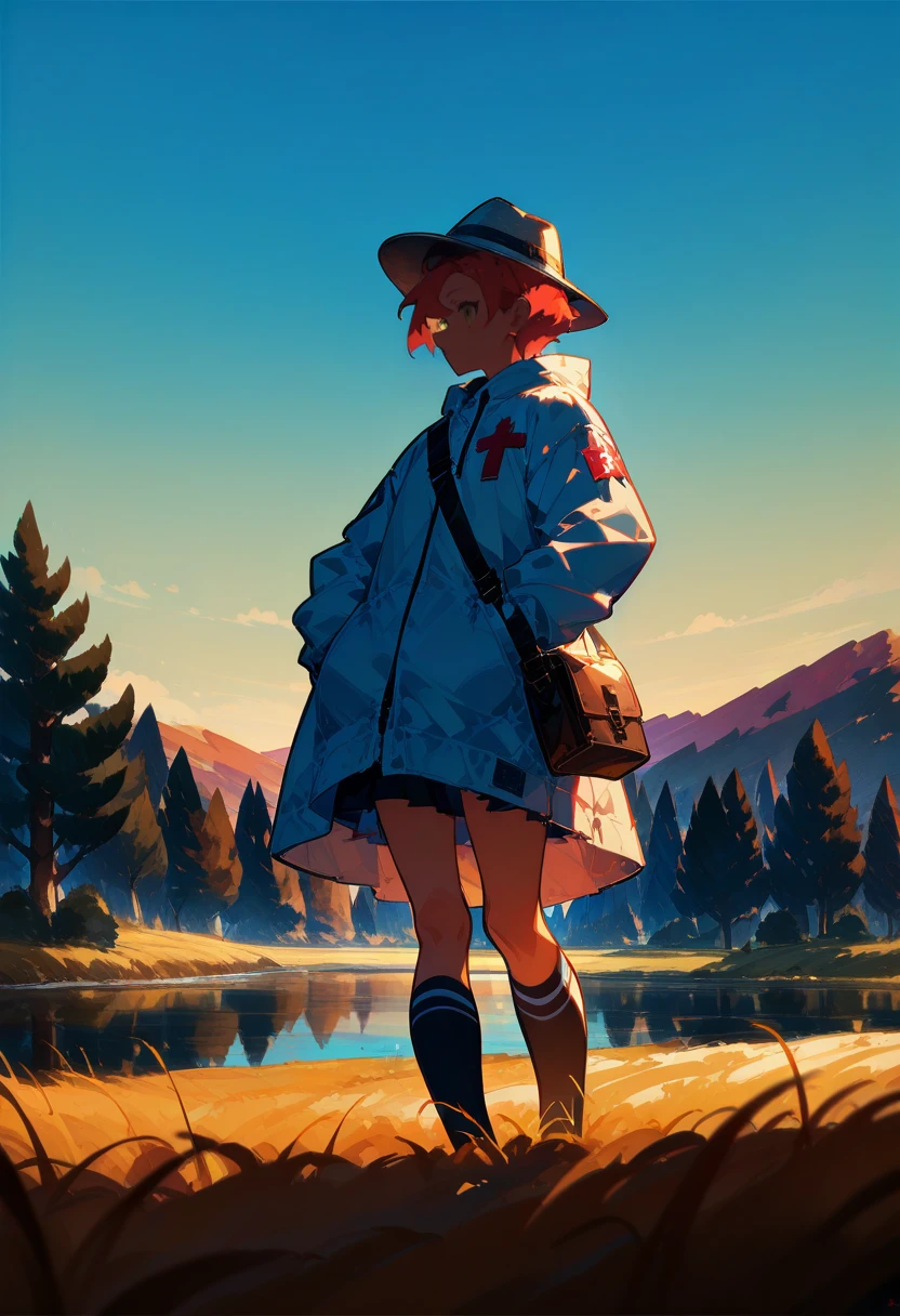 1girl,   red hair, very short hair,          
BREAK   1girl, hands down, looking side direction, hands in pockets, pants,       
BREAK               Fedora Hat, Frill Hem Dress, Shoulder Cross Bag, High Knee Socks, savana, yellow grass land, tree, lake,     
BREAK safe, masterpiece, best quality, very aesthetic, absurdres, highres, newest, <lora:ponyv5_noobV065S_1_adamW:0.7>, <lora:lora:0.4>, <lora:Unstable_v1.0_f:1>