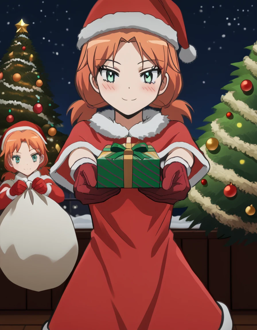 score_9, score_8_up, score_7_up, source_anime, <lora:rinka-hayami-s1s2-ponyxl-lora-nochekaiser:1>, rinka hayami, twintails, green eyes, orange hair, medium breasts, anime screencap,, <lora:santa-costume-ponyxl-lora-nochekaiser:1>, santa costume, santa hat, christmas, sack, merry christmas, gift, fur-trimmed headwear, holding sack, santa dress, fur-trimmed dress, christmas tree, christmas tree, fur trim, red capelet, gift box, red gloves, fur-trimmed capelet, santa gloves, red hat, hat,, smile, blush, looking at viewer, <lora:incoming-gift-ponyxl-lora-nochekaiser:1>, incoming gift, outstretched arms, holding, holding gift, gift, gift box,, , dutch angle, cowboy shot