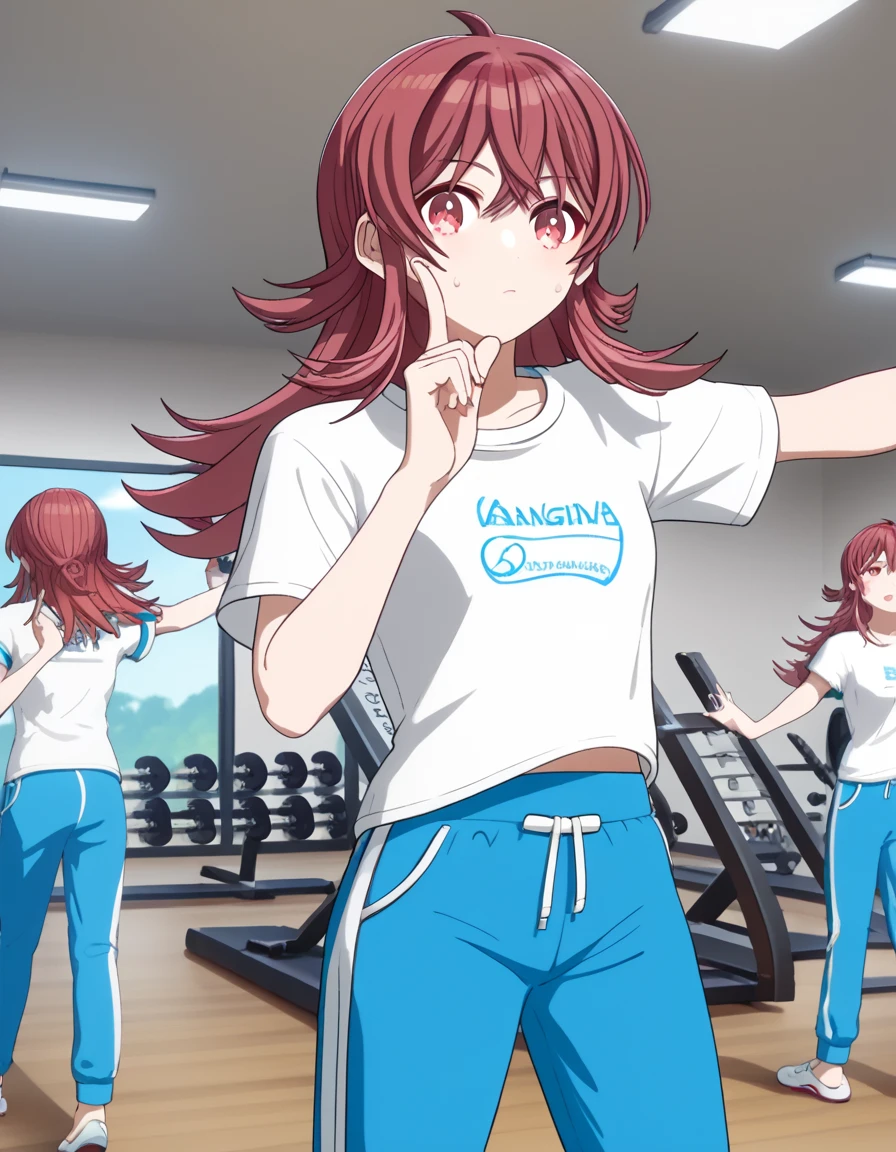 score_9, score_8_up, score_7_up, source_anime, <lora:kaho-komiya-s2-ponyxl-lora-nochekaiser:1>, kaho komiya, long hair, bangs, red eyes, hair between eyes, red hair,, shirt, white shirt, short sleeves, pants, t-shirt, blue pants, track pants, sweatpants,, gym, weights, treadmill, mirrors, exercise, , <lora:hoshino-ruby-dance-ponyxl-lora-nochekaiser:1>, hoshino ruby dance, finger wagging, index finger raised, dancing, outstretched arm,, looking at viewer, solo,, dutch angle, cowboy shot