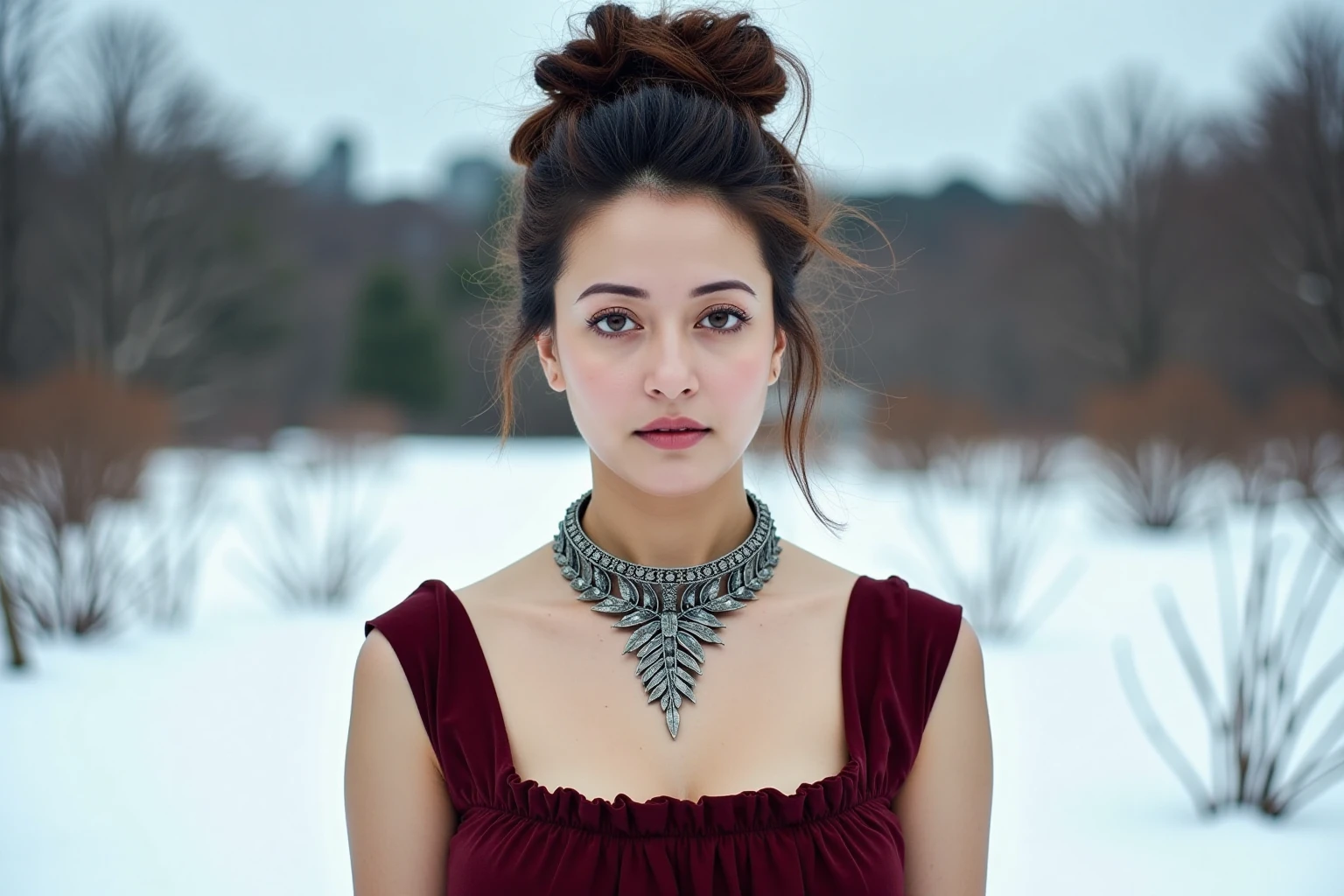 raimasenukohwx with wavy hair in a  high, loose bun, wearing a deep maroon, flowing,  pleated, sleeveless dress.  The dress features a square neckline and subtle gathering at the bust. She wears a substantial metallic-toned, leaf-shaped necklace with intricate details.   she has  eyes showcasing subtle, natural makeup that enhances her features. She has a serious, yet solemn expression, presenting a composed, poised demeanor.  Natural lighting casts subtle shadows on her face and the dress's folds. The background is out-of-focus, featuring a snowy landscape with scattered, unfocused trees and snow on the ground.  The perspective is eye-level and directly facing the subject.  The overall mood is serene and contemplative, with a touch of a fairytale or vintage artistic style. Soft, diffused daylight illuminates the scene with a cold,  even quality, creating a soft, wintery atmosphere. The focus is on the girl and her expression, with a gentle, soft focus on the fabric of the clothes.  The composition is centered, drawing attention to the delicate features of the girl while the backdrop provides an understated, yet beautiful, winter-themed scenery.
