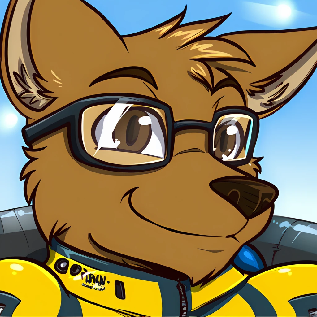 <lora:katsuke_epoch_25:1.0> 1boy, male focus, solo, glasses, furry male, furry, animal ears, brown eyes, smile, emphasis lines, canine, pilot suit, bright brown fur