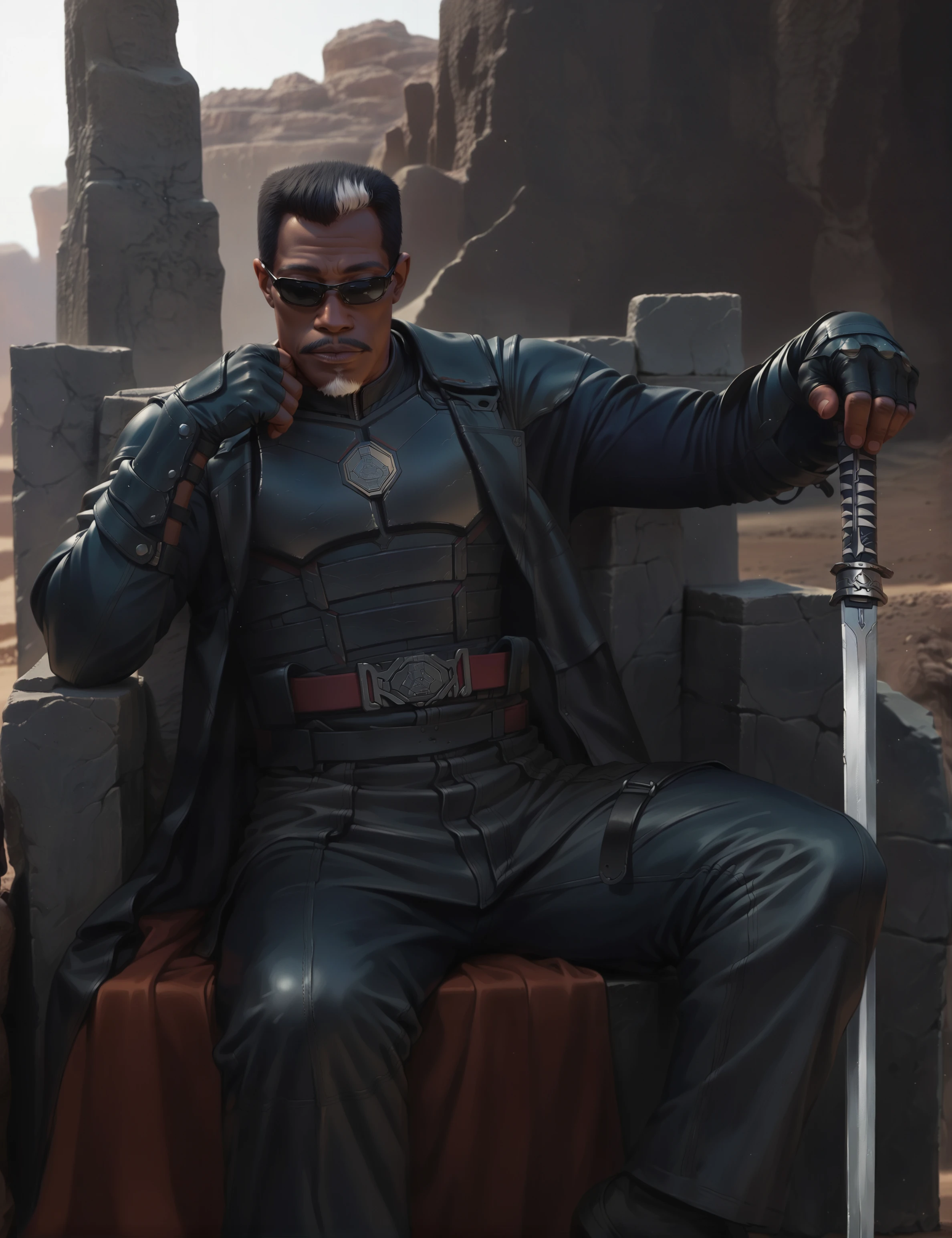 male, dark skin, sunglasses, sword, sitting in a stone throne, leather coat, white chin beard, white hair, black hair, belt, pants, chest armor, fingerless gloves, closed mouth, mustache, desert background, wastelands, hand on chin<lora:Blade:0.9> bl4de, score_9, score_8_up, score_7_up, score_6_up, 2d, digital art, masterpiece <lora:Expressive_H:0.4> expressiveh <lora:princess_xl_v2:0.3> <lora:g0th1c2XLP:0.3> g0th1c