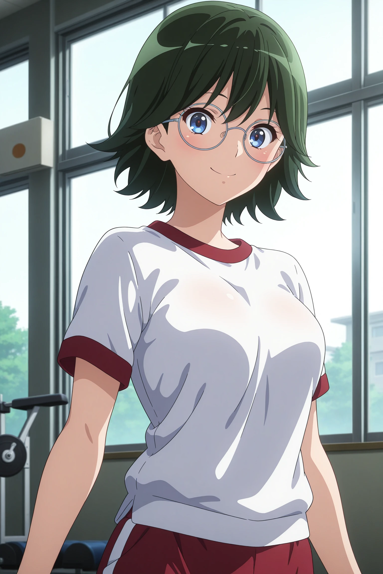 masterpiece, best quality, amazing quality, highres, absurdres, very aesthetic, high resolution, ultra detailed, perfect details, 1girl, solo, indoors, gym, medium breasts, kamaya tsubame, short hair, green hair, wispy bangs, blue eyes, round eyewear, gym uniform, white shirt, red shorts, white kneehighs, <lora:Tsubame_Kamaya_ILXL:0.8>, (aged up:1.2), (upper body:1.1), looking at viewer, smile, anime coloring, anime screencap