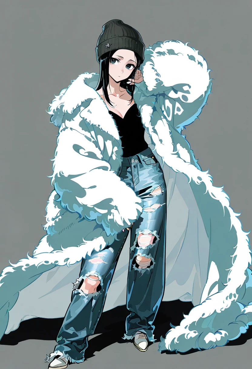 1girl,solo,looking at viewer,ikeda ruriko,long tulle jacket, coat, frills, fluffy, torn jeans, beanie, kuchiki_rukia