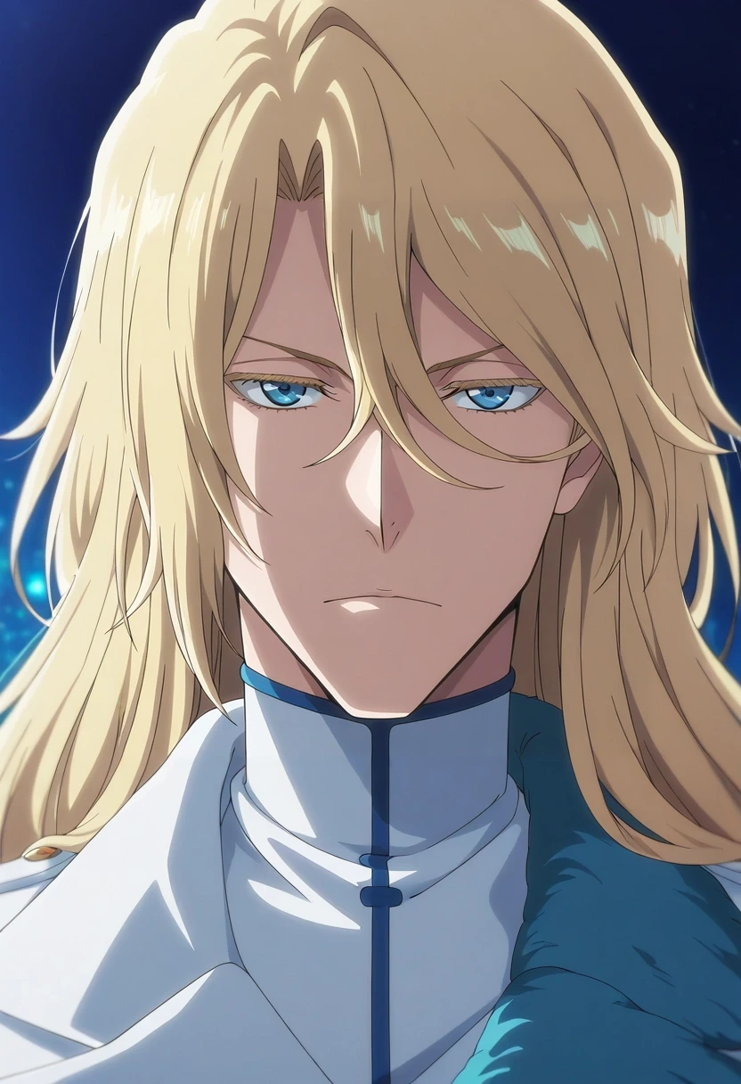 masterpiece, best quality, intricate details, anime screencap, anime coloring, official style, looking at viewer, , 1boy, solo, male focus, <lora:jugram_haschwalth_ilxl:0.96>, jugram_haschwalth, blonde hair, blue eyes, long hair, hair between eyes, bangs, ,