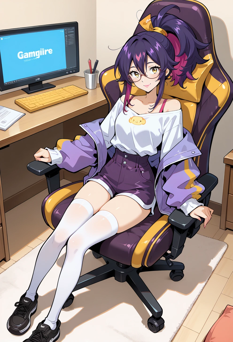 masterpiece, best quality, high quality, anime, <lora:AEHLINK:1.35> AEHLINK, sitting, gaming chair, <lora:AESumire:0.8> AESumire, colored inner hair, hair between eyes, pink lips, ponytail, purple hair, sidelocks, yellow eyes, black footwear, bra strap, glasses, high-waist shorts, purple jacket, off-shoulder shirt, shirt tucked in, shoes, white shirt, white thighhighs, smile,