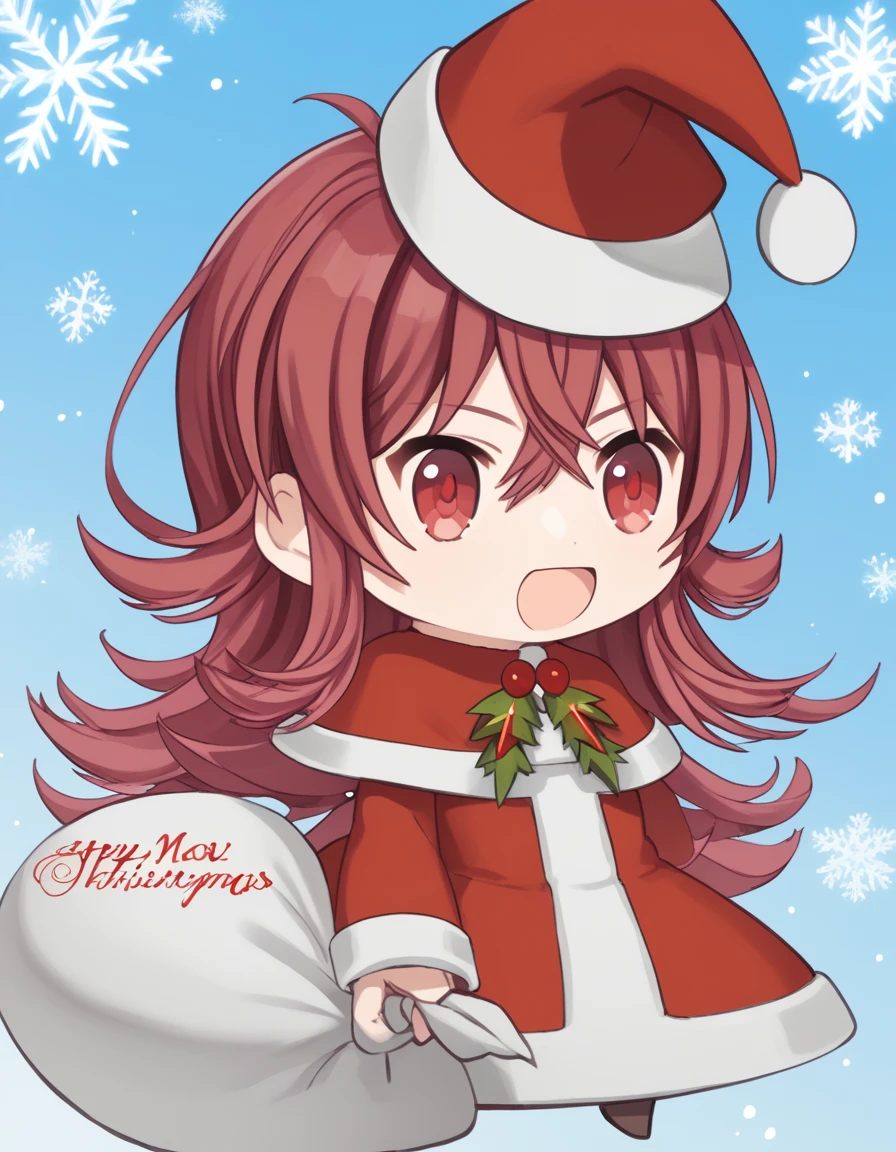 score_9, score_8_up, score_7_up, source_anime, <lora:kaho-komiya-s2-ponyxl-lora-nochekaiser:1>, kaho komiya, long hair, bangs, red eyes, hair between eyes, red hair,, <lora:padoru-ponyxl-lora-nochekaiser:1>, padoru, padoru (meme), holding sack, sack, santa hat, meme, christmas, open mouth, chibi, red capelet, santa dress, capelet, fur-trimmed headwear,, , dutch angle, cowboy shot