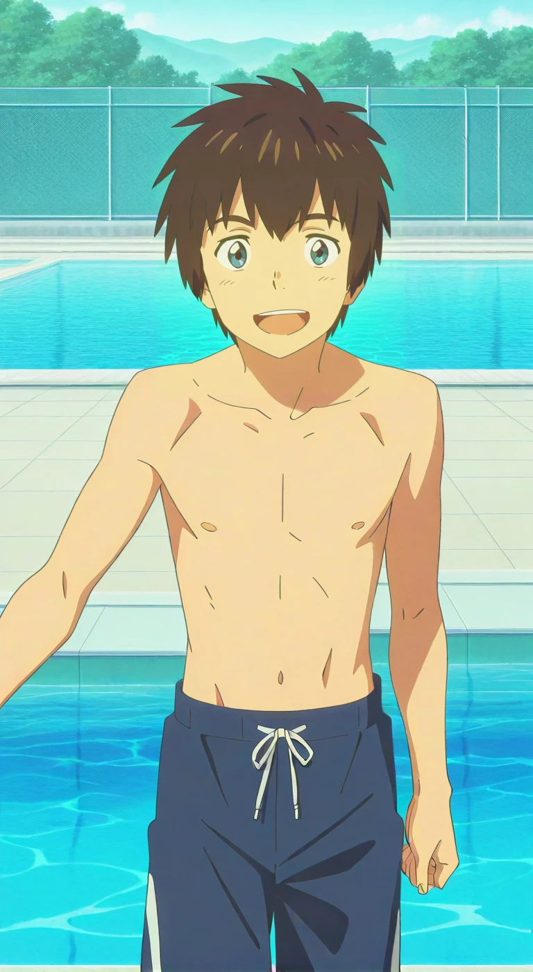 score_9, score_8_up, score_7_up, source_anime, highres, (masterpiece, best quality, (anime, anime coloring:1.3),1boy,solo,male focus,Anime screencap,tachibana taki,brown hair,blue eyes,smile,open mouth,pool,topless male,shorts