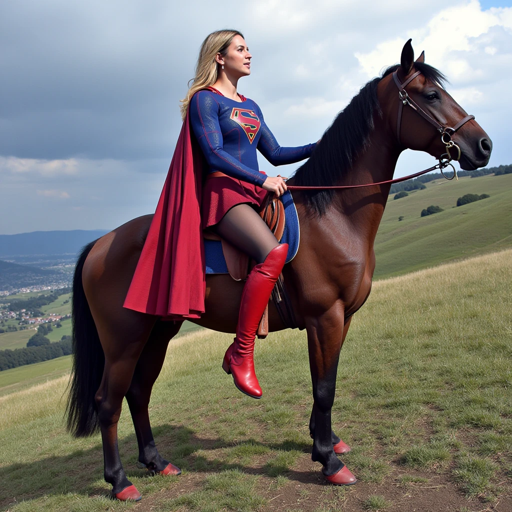 photo of a woman sitting on a horse upon a hill, dressed in red and blue sg outfit shirt cape belt skirt tights boots. cloudy afternoon.