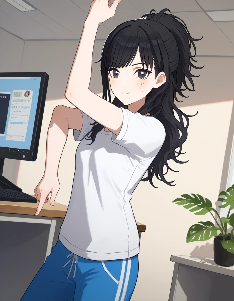 score_9, score_8_up, score_7_up, source_anime, <lora:hiori-kazano-s2-ponyxl-lora-nochekaiser:1>, hiori kazano, long hair, bangs, black hair, black eyes, ponytail, mole, mole under mouth,, shirt, white shirt, short sleeves, pants, t-shirt, blue pants, track pants, sweatpants,, office, desk, computer, chair, paperwork, smile, <lora:killer-queens-pose-ponyxl-lora-nochekaiser:1>, killer queens pose, killer queens's pose (jojo), jojo pose, arm up, hand up, \n/, double \n/, arm down, hand down, blush, smile, cowboy shot,, looking at viewer, solo,, dutch angle, cowboy shot