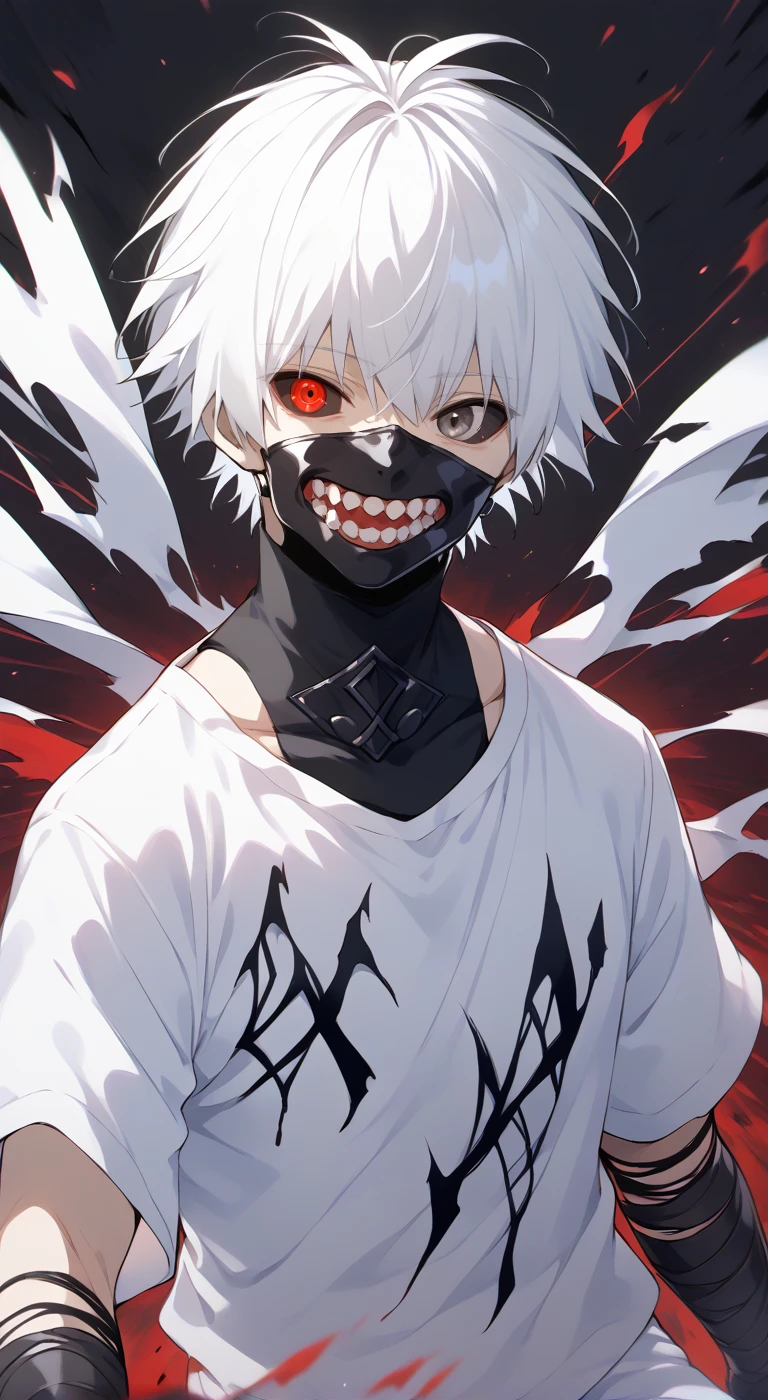 1boy,solo,male focus,kaneki,kaneki ken,white hair,short hair,grey eyes,black t-shirt,torn clothes,upper_body,open mouth,white pants,red eyes,black sclera,heterochromia,mouth mask,teeth