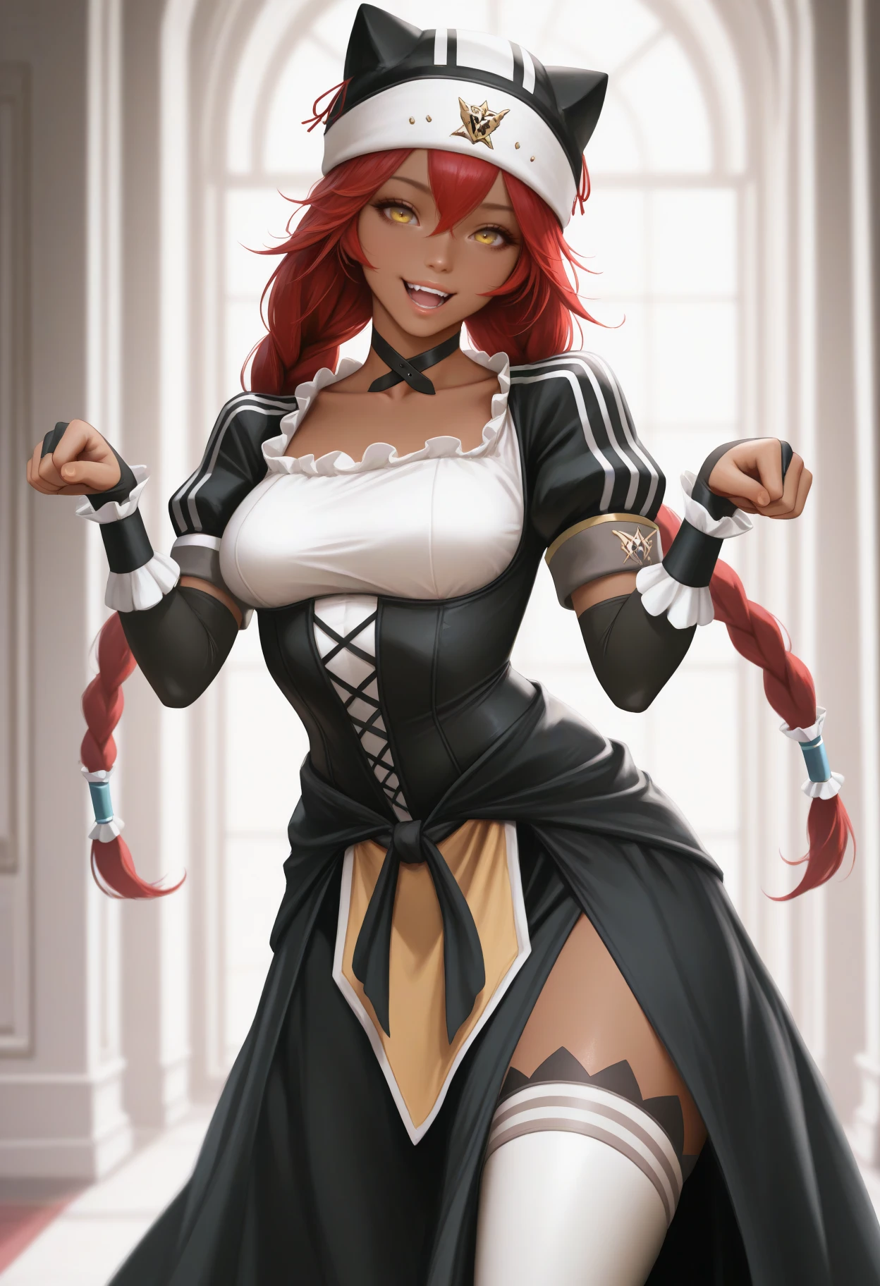 masterpiece, best quality, realistic, solo, 1girl, lpsrgnbt, dark-skinned female, :d, teeth, looking at viewer, standing, paw pose, long hair, red hair, hair between eyes, twin braids, hair tubes, animal hat, yellow eyes, maid, frills, black dress, underbust, puffy short sleeves, black gloves, elbow gloves, bridal gauntlets, frilled wrist cuffs, white thighhighs, black choker, collarbone, indoors, mansion
<segment:yolo-Anzhc Face seg 640 v2 y8n.pt,0.4,0.5//cid=1>