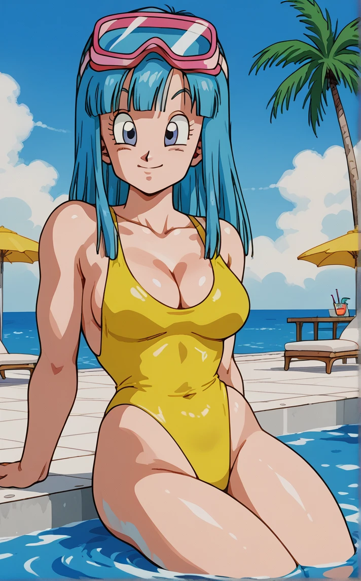 score_9, score_8_up, score_7_up, (soaking feet), pool, palm tree, outdoors, sitting, water, looking to the side, light smile, day, sidelighting, cloudy sky, partially submerged, cocktail, scenery,  <lora:PONYXL_DragonBall_Maron_ownwaifu:0.9>, BREAK SwimmingGoggles_Maron_ownwaifu, 1girl, blue eyes, blue hair, hime cut, long hair, straight hair, goggles on head, blunt bangs, medium breasts, cleavage, collarbone, bare shoulders, yellow one-piece swimsuit,  eyelashes, diving mask, casual one-piece swimsuit, highleg swimsuit, covered navel, 1990s (style), blunt ends, eyewear on head, diving mask on head, narrow waist, sidelocks, thighs, highleg, <lora:add-detail-xl:0.15>,