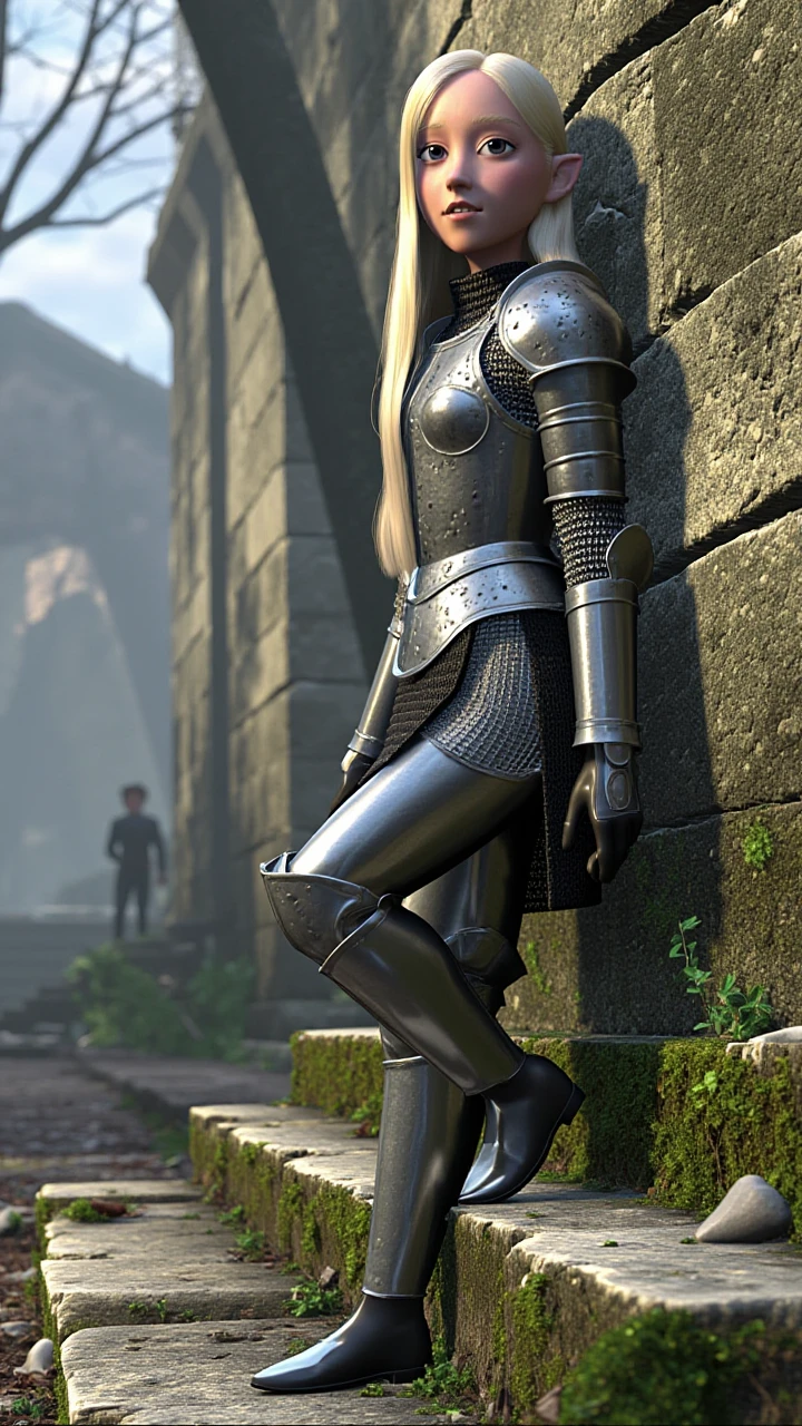 3d render in ti artstyle, woman in her late 20s leaning against a stone mossy wall. dressed in detailed medieval silver plate armor with intricate gravings and chainmail underneath. she has long straight platinum blonde hair with long pointed ears. outdoor forest ruins setting, sunlight casting shadows, stone mossy destroyed steps in foreground, rocky ground, bare trees, natural lighting, dutch angle