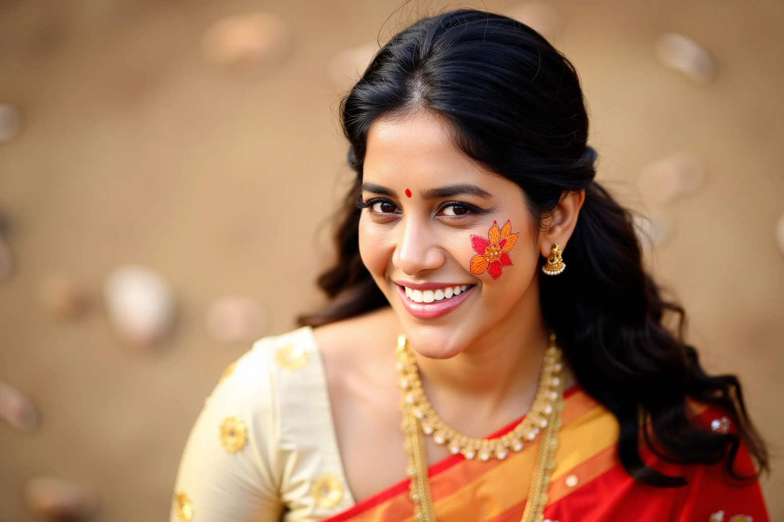 Close-up portrait of nabhanateshukohwx  with a warm, joyful expression.  Her skin is a light brown tone, and her dark hair is styled in loose waves.  She exhibits a gentle smile, her eyes looking directly at the camera.  She wears a traditional Indian outfit, a bright terracotta-red sari draped over a light off-white blouse.  The sari's design features intricate patterns and subtle embroidery.  A delicate gold necklace with intricate floral designs adorns her neck.  Her face is adorned with a significant amount of festive red and orange-tinted paint, typical of cultural celebrations, applied in a stylized pattern on her forehead and cheeks.  The subject's pose is relaxed, slightly turned towards the camera.  The background is blurred, creating a soft focus effect. Warm, natural lighting suggests an outdoor setting. Color palette is warm and earthy, featuring shades of red, orange, off-white. The focus is predominantly on the subject's face, and the lighting highlights her features, emphasizing her radiant expression. The artistic style is a subtle blend of documentary photography with soft focus, bringing a calm and celebratory mood to the image.  Soft, natural lighting and shallow depth of field. Historical, cultural style.  Traditional Indian dress. Close-up  portrait photography.
