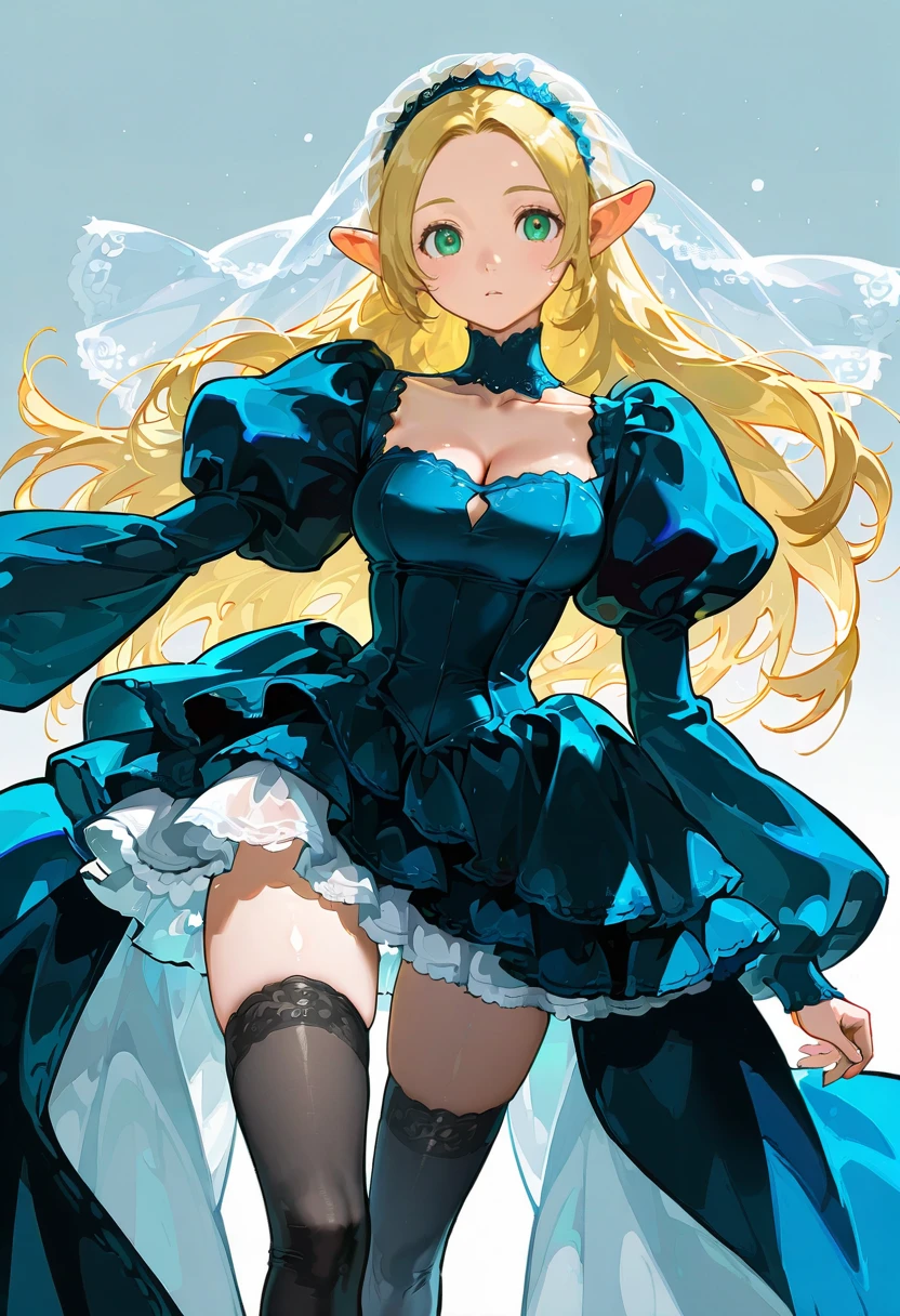 1girl,solo,looking at viewer,ikeda ruriko, bl dress, veil,puffy sleeves,thighhighs, marcille_donato