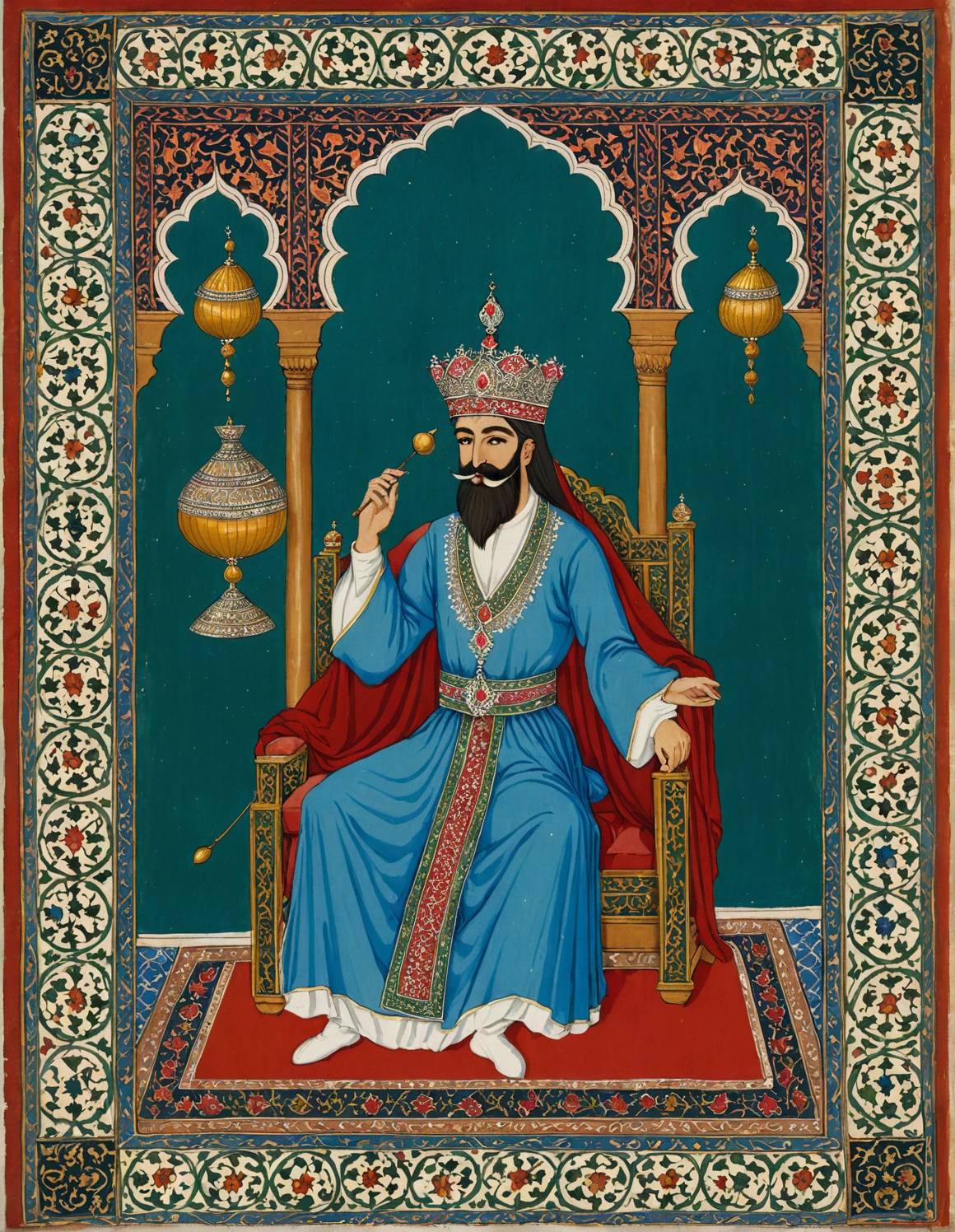 An Ottoman miniature-style painting, delicate and highly stylized, featuring a sultan with an elongated mustache seated on an ornate throne, holding a jeweled goblet. A graceful woman performs a dance before him, wearing a lion mask atop her head, her upper body adorned with traditional Ottoman jewelry. Around her, musicians in Ottoman robes sit cross-legged, playing instruments like the oud and ney. The setting is a richly decorated palace with intricate patterns, colorful tiles, floral motifs, and Persian carpets, all rendered in the flat, vibrant, and linear style of traditional Ottoman miniature art, emphasizing fine details and elegant compositions. <lora:add-detail-xl:0.5> <lora:ottoman-000010:0.7>