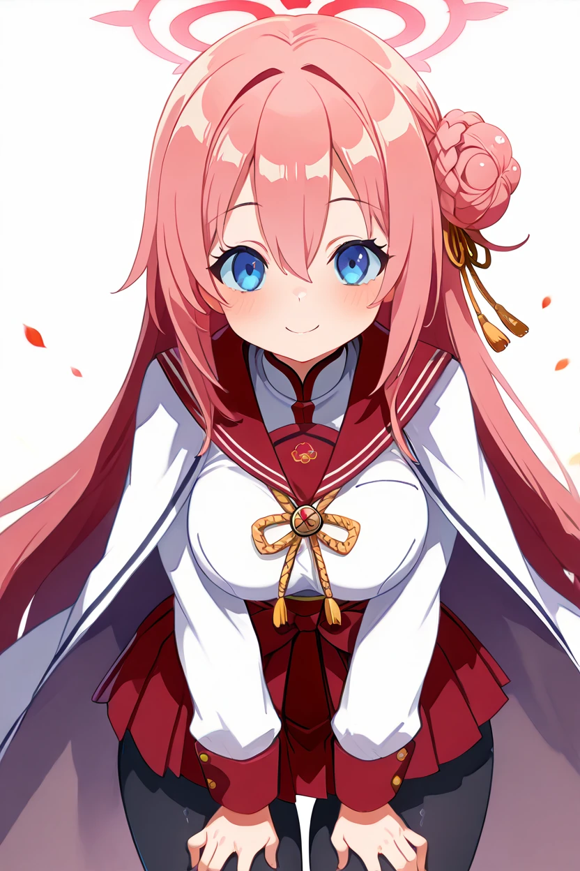 masterpiece, best quality, solo, curvy, beautiful eyes, zzMimori, blue eyes, pink hair, halo, hair bun, braided bun, long hair, pink halo, hair ornament, hair between eyes, long sleeves, red sailor collar, red skirt, solo, black pantyhose, pleated skirt, white cape, school uniform, white shirt, hakama,  <lora:MimoriBluearchiveIXL:1.0>, , cowboy shot, leaning forward, smile, looking at viewer, shiny skin,<lora:HaradaTakehitoIXL_v3:1.3>, <lora:ZankuroIXLLight_v2:0.6>,