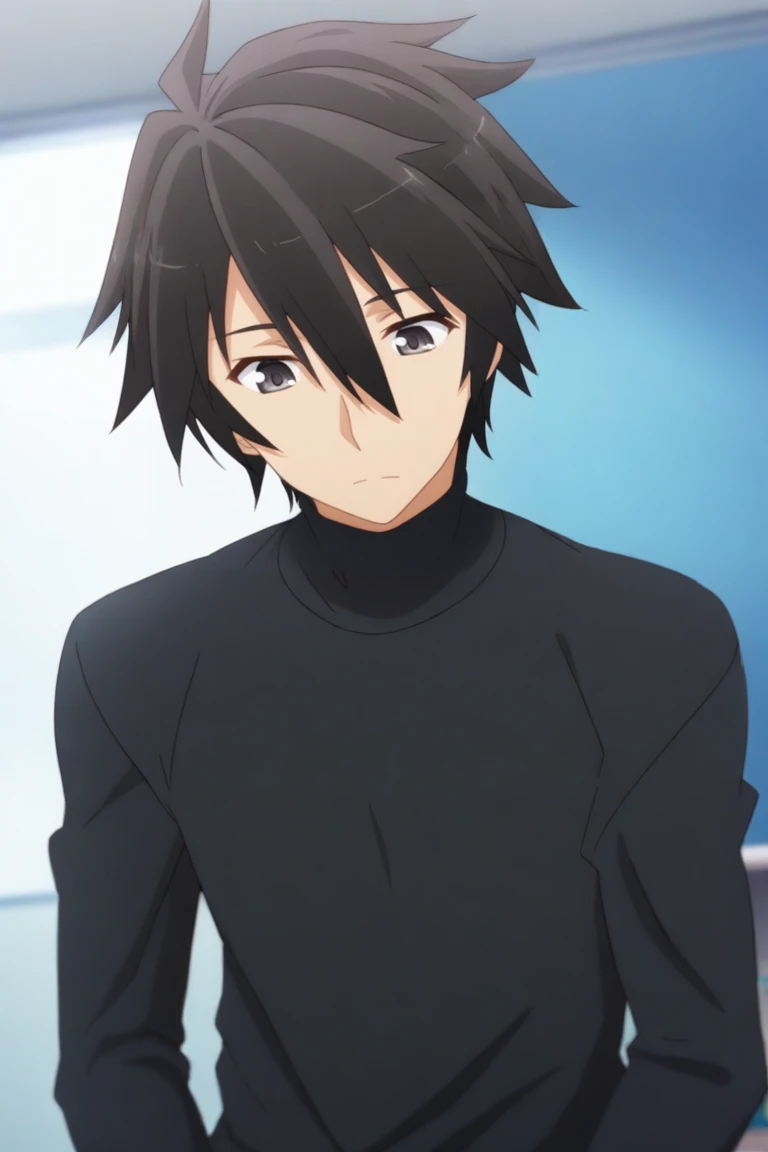 masterpiece, perfect quality, best quality, absolutely eye-catching, ambient occlusion, raytracing,depth of field,anime screencap , , , 1boy, solo, male focus, <lora:ikki:0.73>,ikki kurogane, black hair, grey eyes,short hair,spiky hair,shirt,hair between eyes,shirt, long sleeves, closed mouth, upper body, indoors, sweater, black shirt,sport T-shirt, turtleneck, expressionless, looking down, indoors,