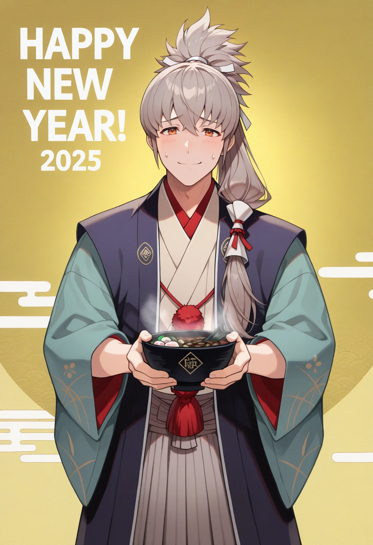 masterpiece, best quality, high quality, 1boy, looking at viewer, nervous, smile, sweatdrop, incoming soba, steam, (happy new year:1.2), (2025:1.2), english text, <lora:TakumiFE-illu:1> nyTaku, grey hair, ponytail, long hair, shide hair ribbon, orange eyes, blue hakama, wide sleeves, aqua sleeves, grey hakama skirt, yellow background