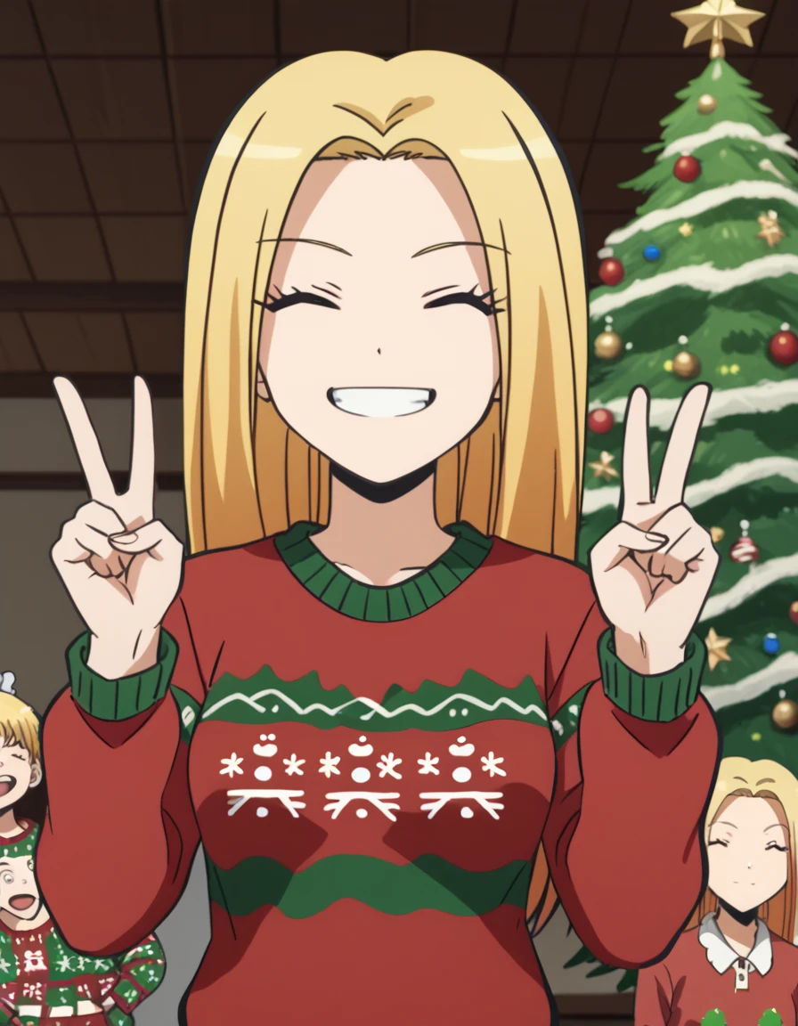 score_9, score_8_up, score_7_up, source_anime, <lora:rio-nakamura-s1s2-ponyxl-lora-nochekaiser:1>, rio nakamura, long hair, blue eyes, blonde hair, medium breasts, anime screencap,, <lora:christmas-sweater-ponyxl-lora-nochekaiser:1>, christmas sweater, christmas, ugly sweater, print sweater, red sweater, christmas tree, christmas ornaments, sweater, multicolored sweater, , v, smile, hands up, teeth, closed eyes, cowboy shot,, , dutch angle, cowboy shot