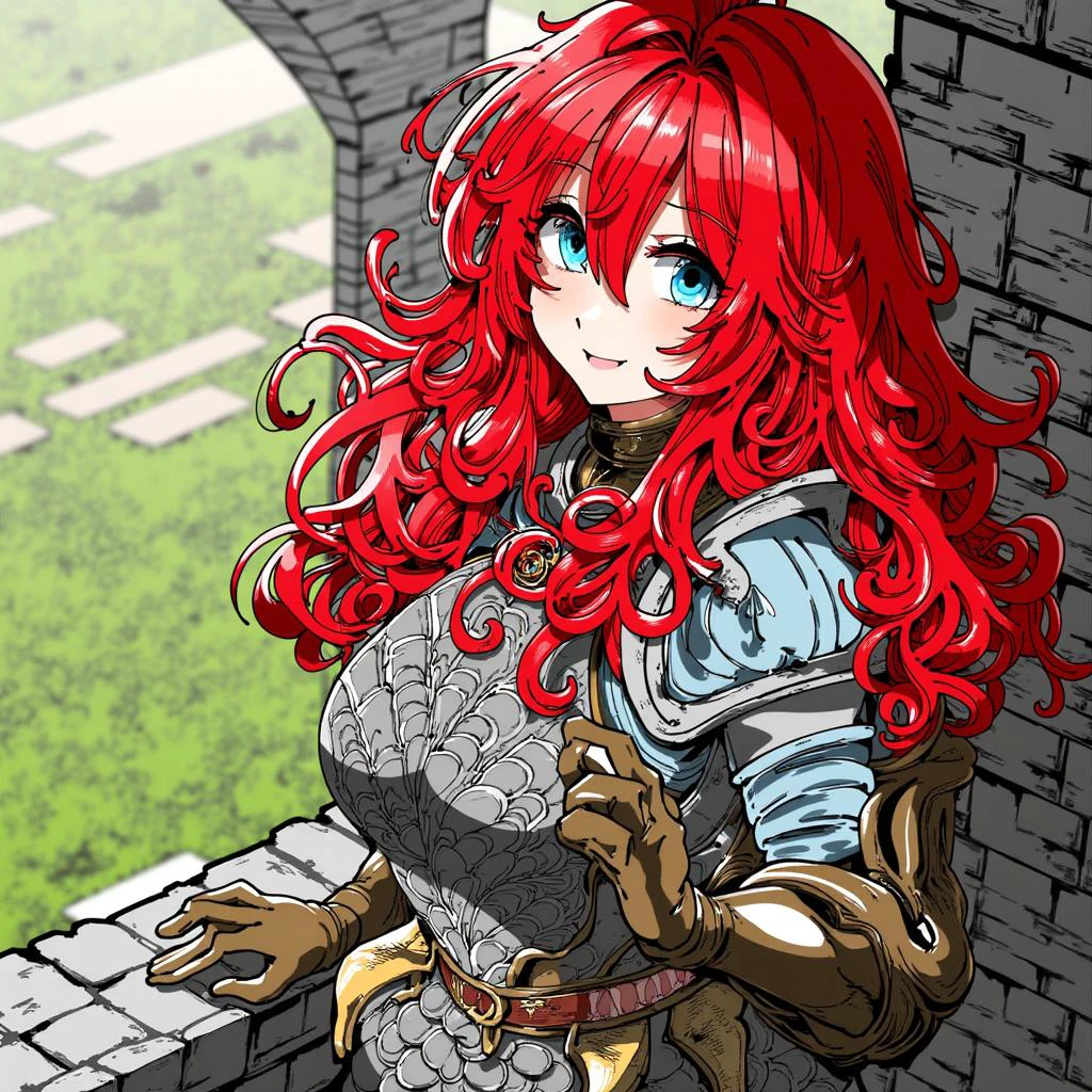 かふん \(芸術家\), @kafun, kafun \(Artist\), 1 young girl with long wispy ruby red hair and blue eyes, wearing a medieval knight armor with metal breast plates and metal pauldrons, close up waist up cinematic shot, smiling with eyeliner, background is a cobble stone balcony overlooking a grass field