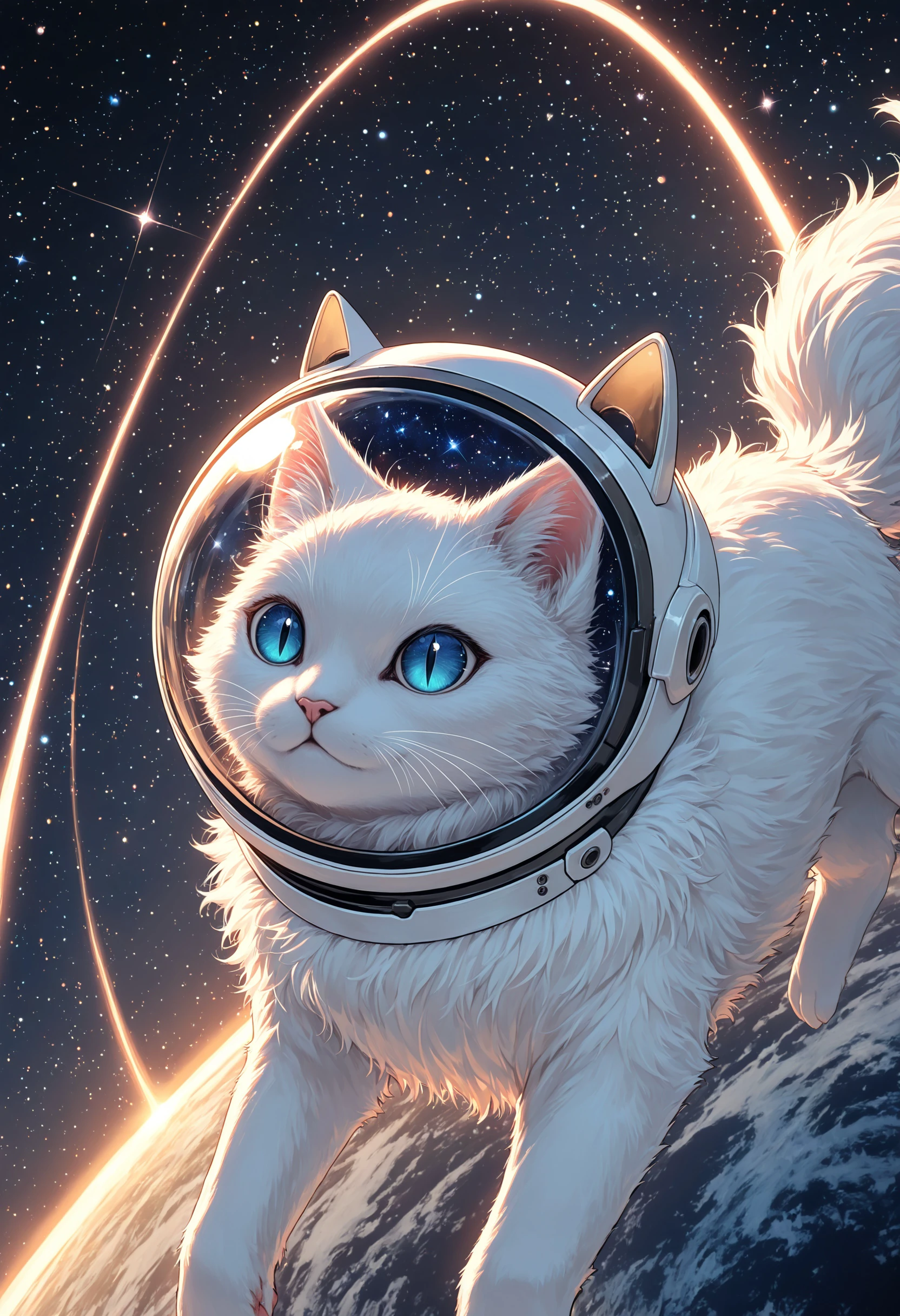 masterpiece, best quality, very awa, safe, no humans, pure white fur, cat, animal focus, space helmet, in space, floating, star \(sky\), body fur, fluffy, blue eyes, slit pupils