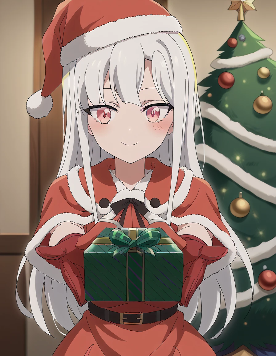 score_9, score_8_up, score_7_up, source_anime, <lora:machina-solege-s1-ponyxl-lora-nochekaiser:1>, machina solege, long hair, bangs, pink eyes, white hair, medium breasts, anime screencap,, <lora:santa-costume-ponyxl-lora-nochekaiser:1>, santa costume, santa hat, christmas, sack, merry christmas, gift, fur-trimmed headwear, holding sack, santa dress, fur-trimmed dress, christmas tree, christmas tree, fur trim, red capelet, gift box, red gloves, fur-trimmed capelet, santa gloves, red hat, hat,, smile, blush, looking at viewer, <lora:incoming-gift-ponyxl-lora-nochekaiser:1>, incoming gift, outstretched arms, holding, holding gift, gift, gift box,, , dutch angle, cowboy shot