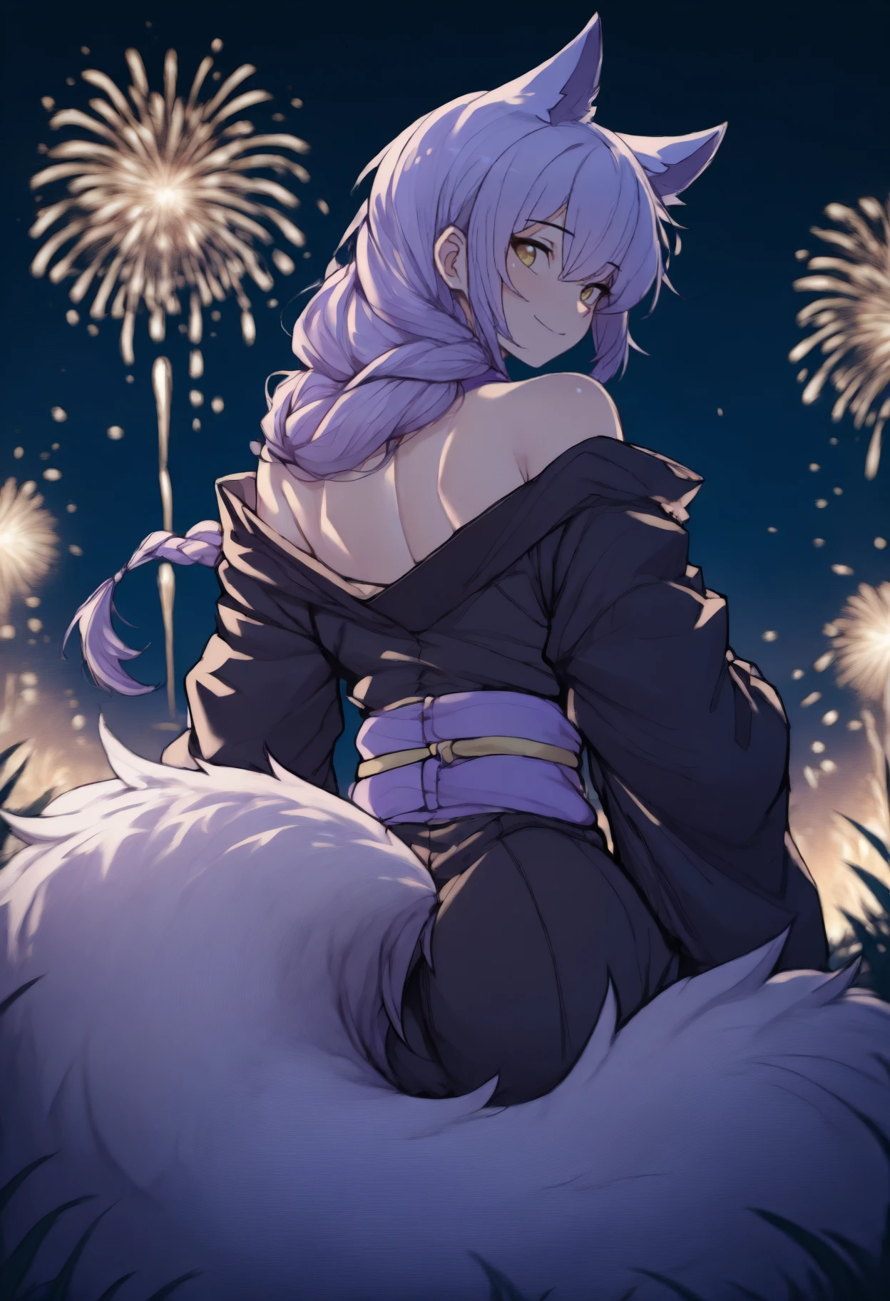 anime, masterpiece, best quality, from behind, solo, 1girl, prvcdef, wolf tail, large tail, smile, looking back, long hair, purple hair, hair between eyes, single braid, animal ears, extra ears, yellow eyes, japanese clothes, black kimono, off shoulder, purple sash, bare shoulders, outdoors, night, fireworks
<segment:yolo-face_yolov8m.pt,0.4,0.5//cid=1>