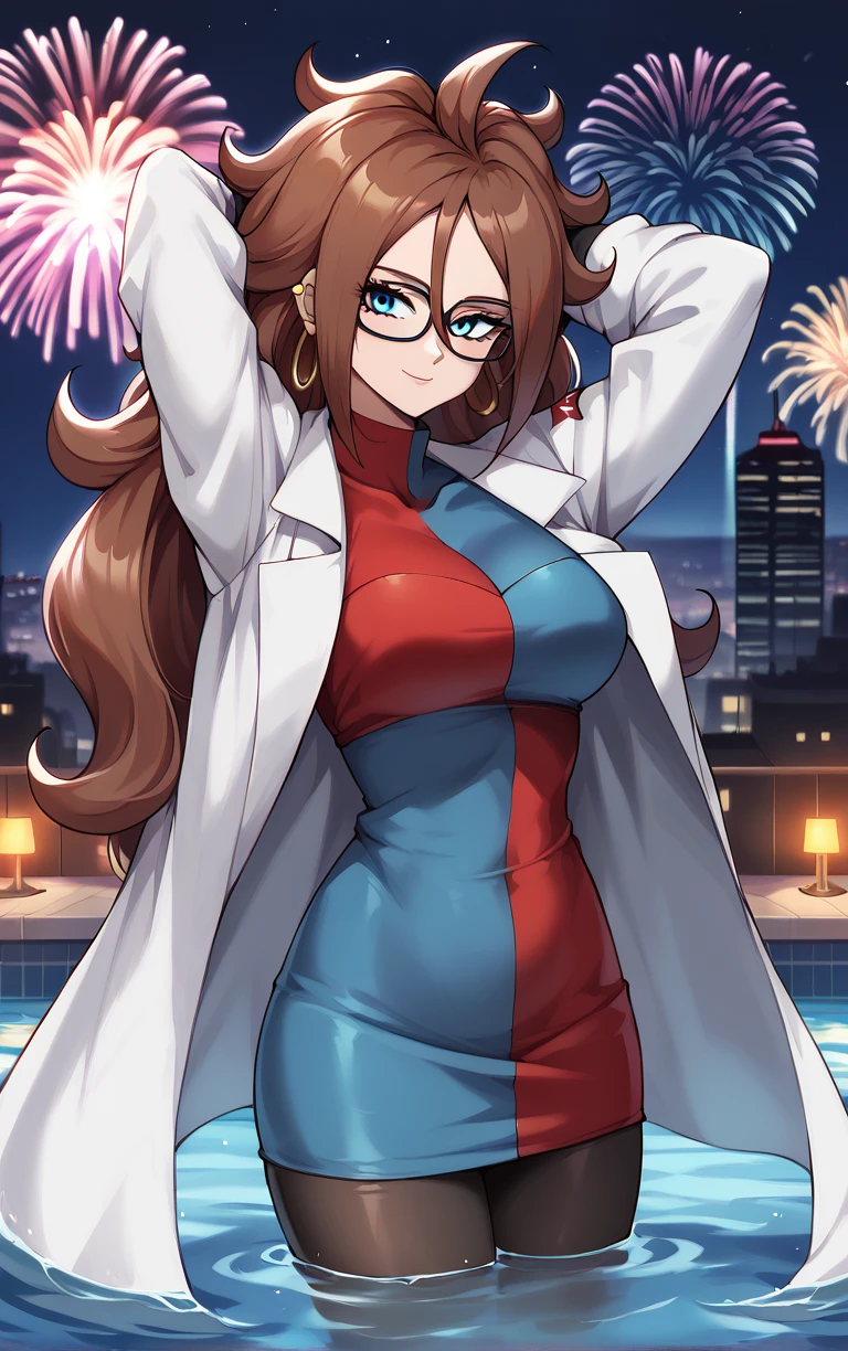 score_9, score_8_up, score_7_up, BREAK
HumanForm_Labcoat_Android21_ownwaifu, android 21, 
1girl, big hair, blue eyes, brown hair, curly hair, glasses, hoop earrings, jewelry, long hair, spiked hair, hair between eyes, medium breasts, nail polish, black nails, black-framed eyewear, messy hair,
lab coat, white coat, long sleeves, checkered dress, black pantyhose, short dress, blue dress, red dress, turtleneck dress, impossible clothes, taut clothes, collarbone, 
(contrapposto, arms behind head, aerial fireworks), wading, neon_lights, cityscape, night, pool, full moon, outdoors, <lora:PONYXL_Android21_DragonBall_ownwaifu:0.9> , depth of field, solo,