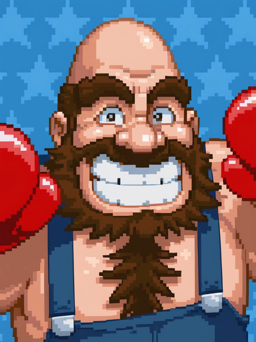 <lora:PonyXL_-_SNES_Super_Punch_Out_Portraits:0.75> super_punch_out_portrait, star_patterned_background, boxing glove, red boxing gloves, bear hugger, bald, beard, brown facial hair, chest hair, overalls, light skin, smile, grin, blue background,