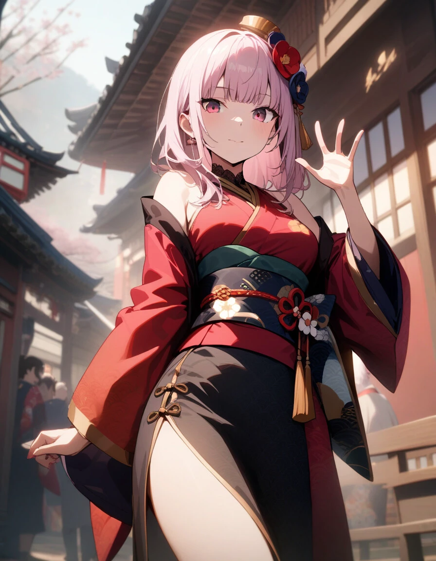 girl, mori calliope \\(new year\\), hololive, solo, looking at viewer, outdoors, cinematic angle, waving, masterpiece, best quality, very aesthetic, absurdres