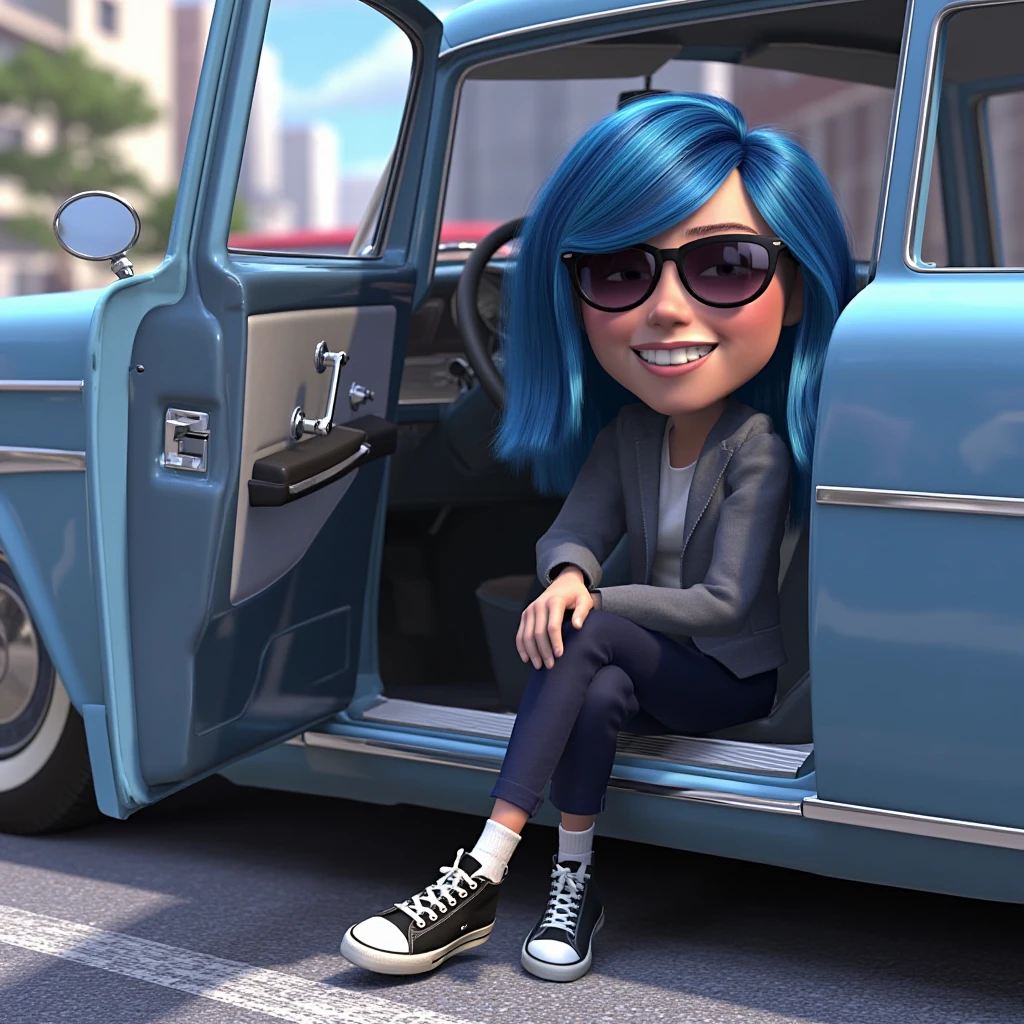 3d render in ti artstyle, woman in her early 20s sitting inside a car in passenger seat, open car door, hand on knee, jacket, sunglasses, blue shoulder-length hair, pants, socks, sneakers, light smile, very happy pose, dutch angle, cowboy shot