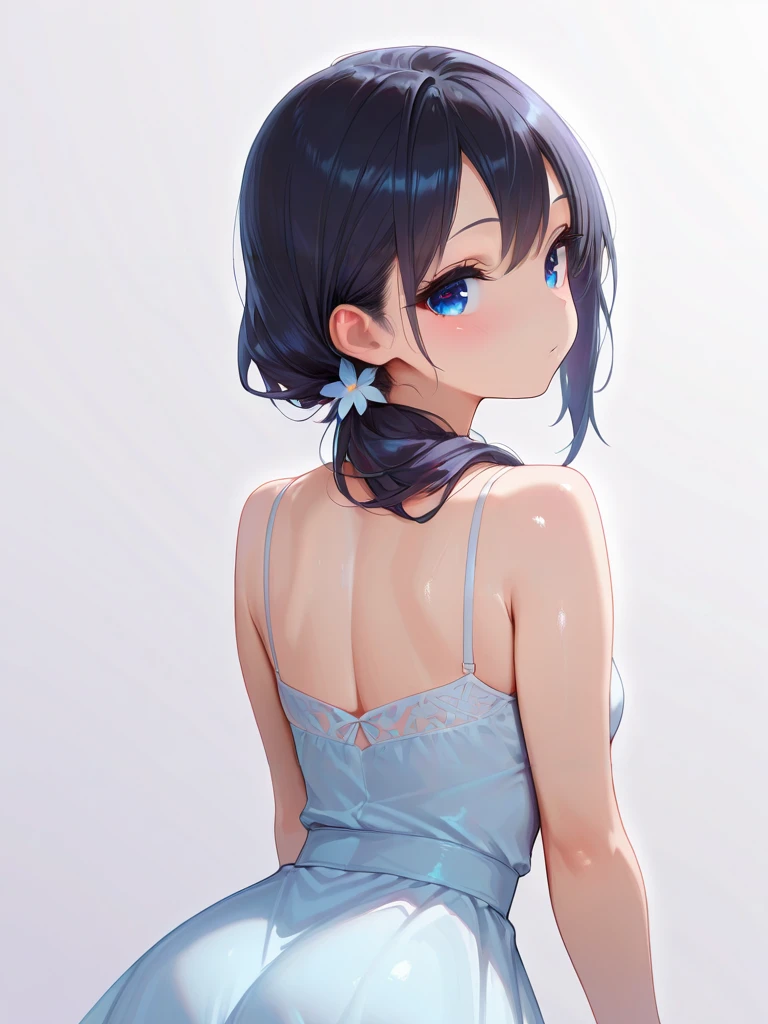 masterpiece,amazing quality,best quality,ultra-detailed,8K,illustration,CG,shiny hair,clear skin,ultra-detailed-eyes,simple background,cute girl, eyelashes <lora:lose sidetails_illustrious_V1.0:1> loose sidetail, side ponytail,dress