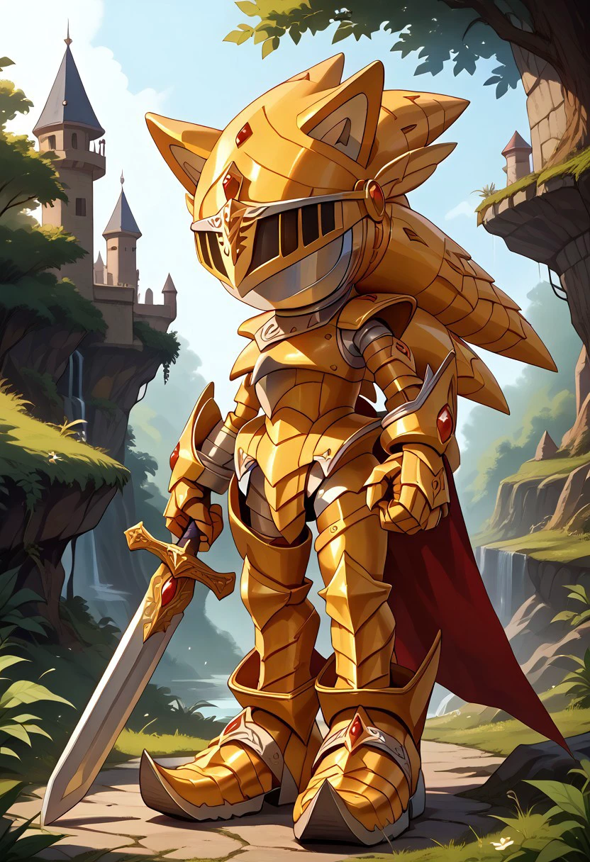 score_9, score_8_up, score_7_up, (best quality:1.1), ultra-detailed, high resolution, 8k, Excalibur Sonic, golden armor, (single visor, no face, one red gem in forehead), big sword, holding sword, red cape, upturned and pointy golden shoes, forest, castle, BREAK outside, Rich, Detailed background, ambient light