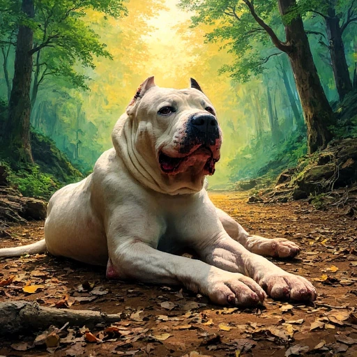 An impressionistic painting of a strong, Kumo Dog lying on a forest floor, surrounded by vibrant swirls of green, brown, and golden light. The dog is depicted as a heroic figure, with exaggerated musculature and a glowing aura, symbolizing loyalty and resilience. The style is reminiscent of Van Gogh’s bold brushstrokes and intense color palette, blending nature and animal in a dynamic, almost spiritual composition.